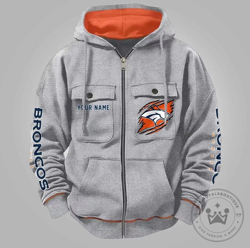Denver Broncos Custom Name NFL Football Team Gray Zipper Hoodie