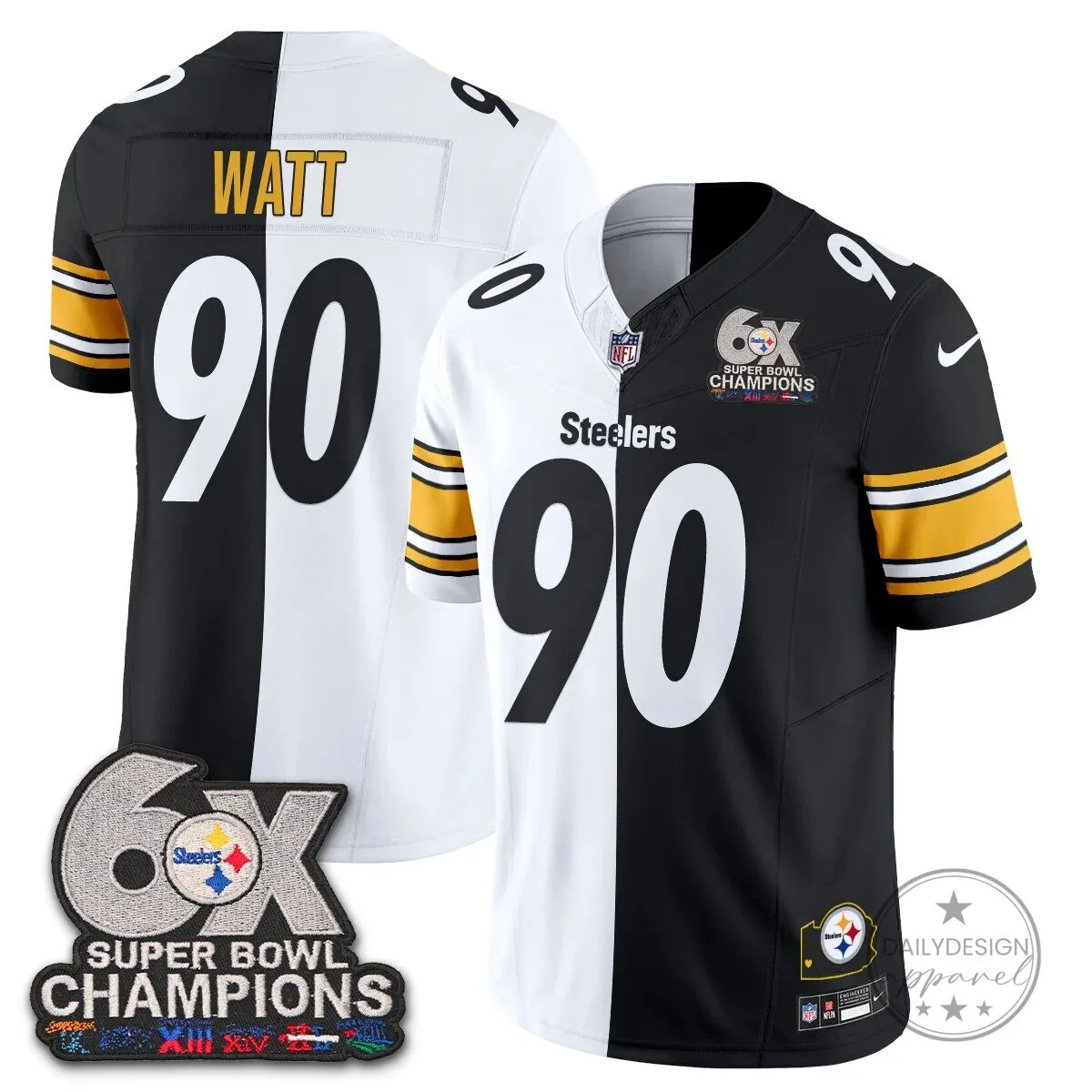 Pittsburgh Steelers TJ Watt Number 90 Super Bowl Champions Split Edition Football Jersey