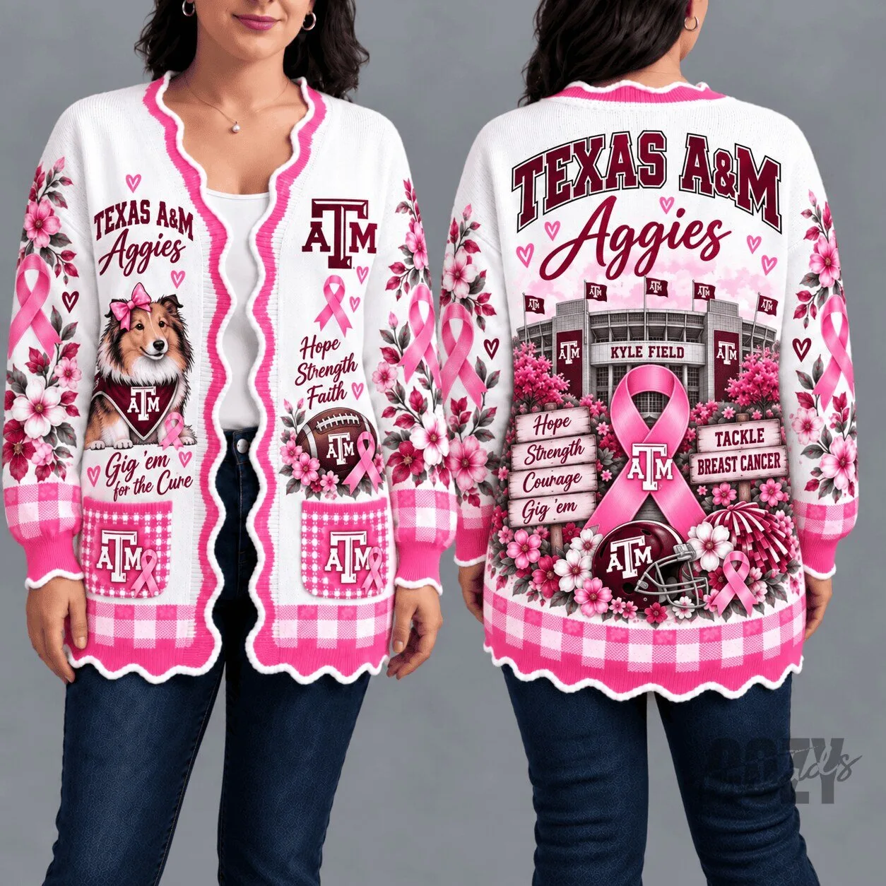 Texas A&M Aggies Breast Cancer Awareness Pink Floral Cardigan Sweater