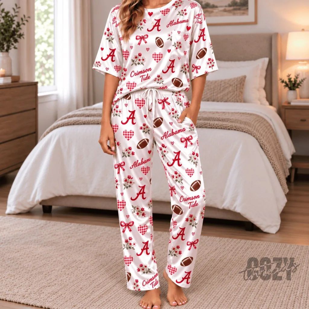 Alabama Crimson Tide Football Pattern Women's Silky Satin Pajamas Set Alabama Crimson Tide Football Pattern Women's Silky Satin Pajamas Set