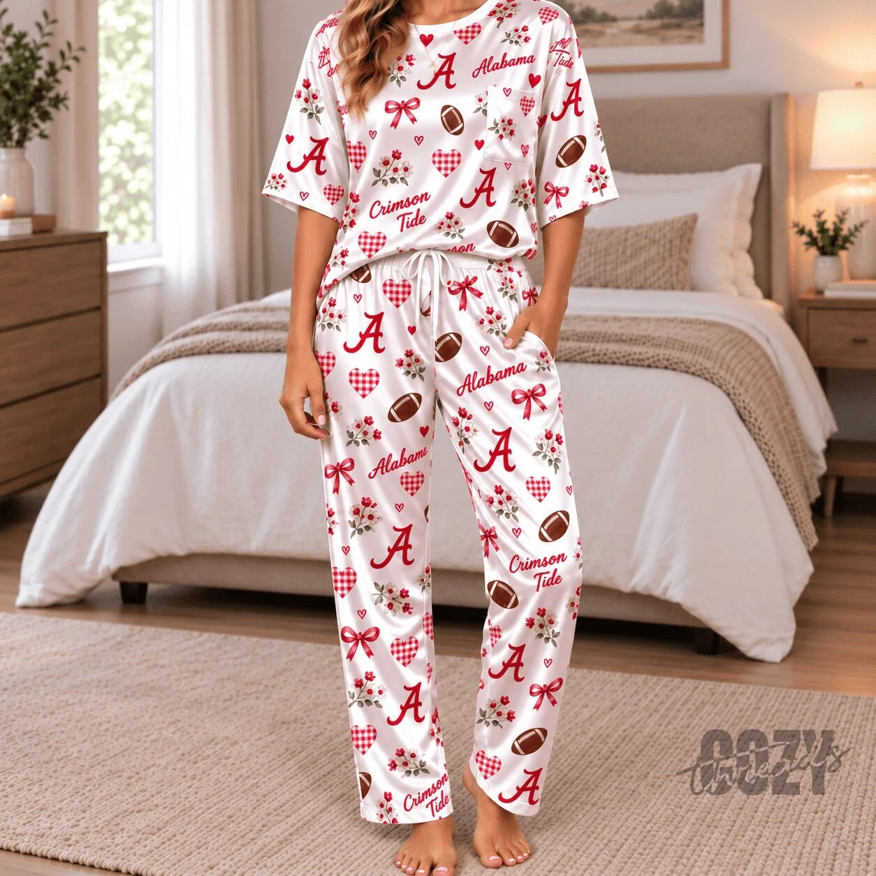 Alabama Crimson Tide Football Pattern Women's Silky Satin Pajamas Set