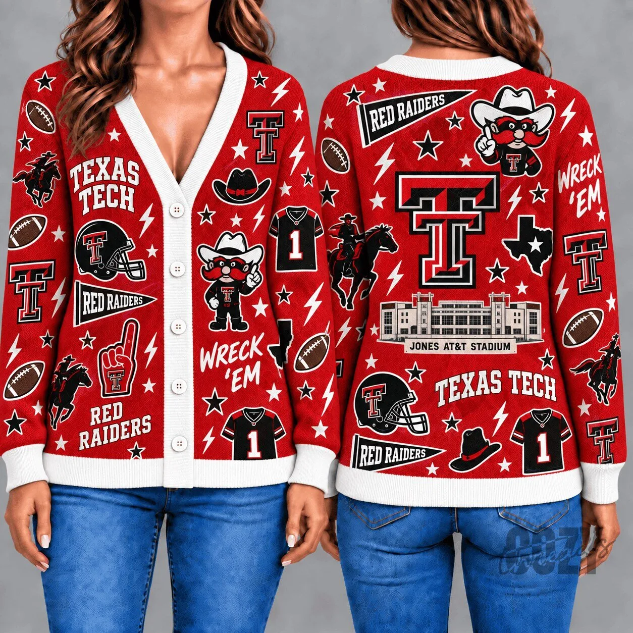 Texas Tech Red Raiders Knitted Cardigan Sweater with Jones AT&T Stadium
