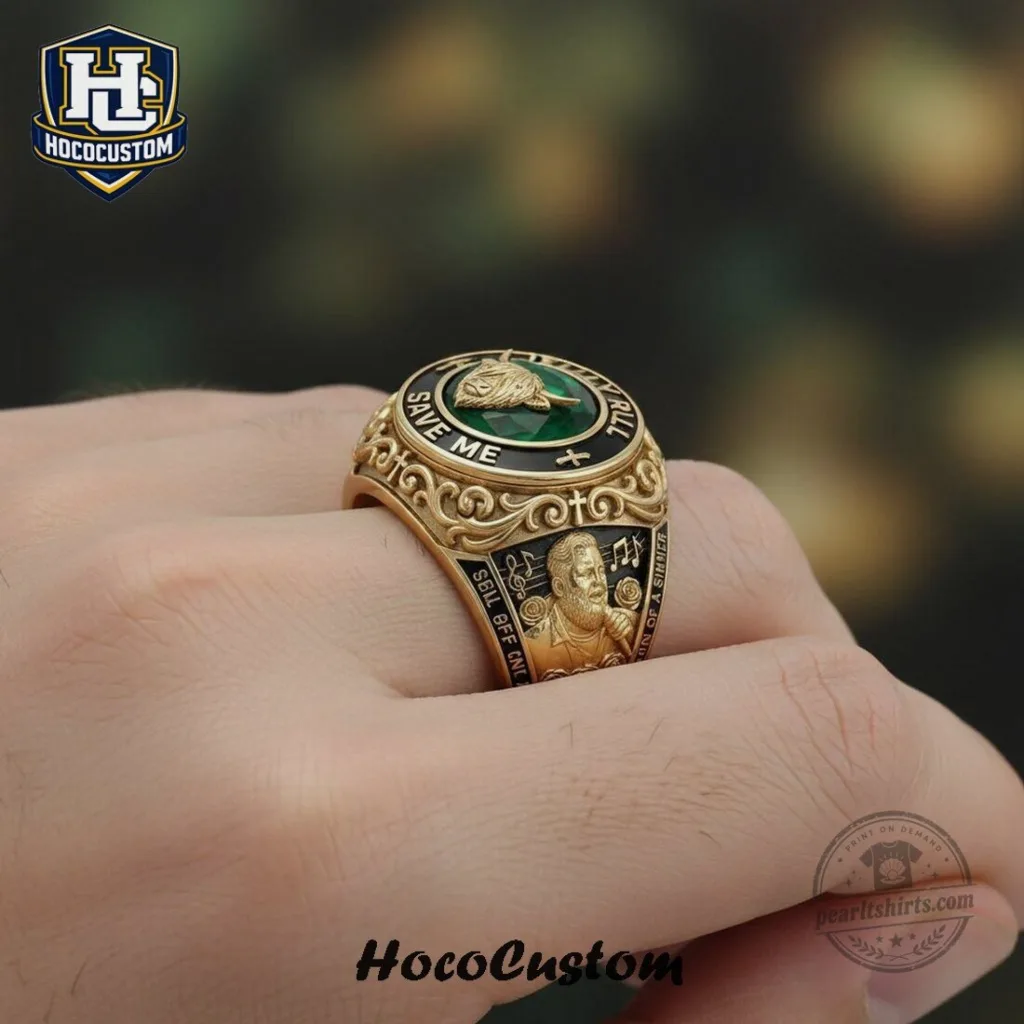 Jelly Roll Save Me Gold Plated Statement Ring with Emerald Green Stone 1 Jelly Roll Save Me Gold Plated Statement Ring with Emerald Green Stone