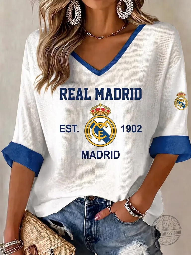 Real Madrid Football Club V-Neck Short Sleeve T-Shirt for Women 23 Real Madrid Football Club V-Neck Short Sleeve T-Shirt for Women