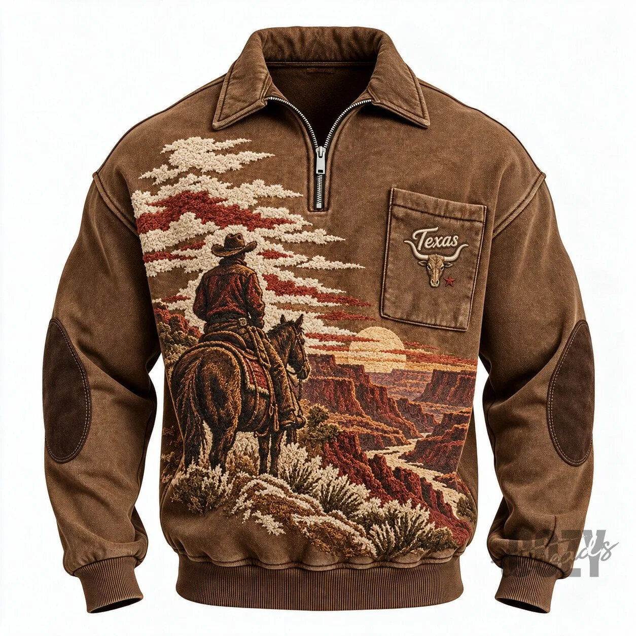 Western Texas Cowboy Horseback Rider Desert Sunset Half-Zip Collared Sweatshirt