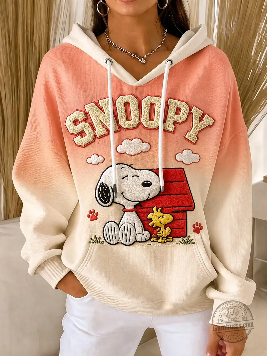 Snoopy Embroidered Ombre Gradient Pullover Hoodie