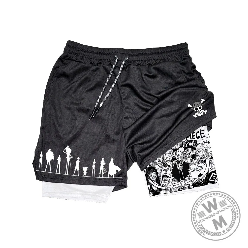 One Piece Anime Character Silhouette Black Athletic Shorts for Men 1 One Piece Anime Character Silhouette Black Athletic Shorts for Men