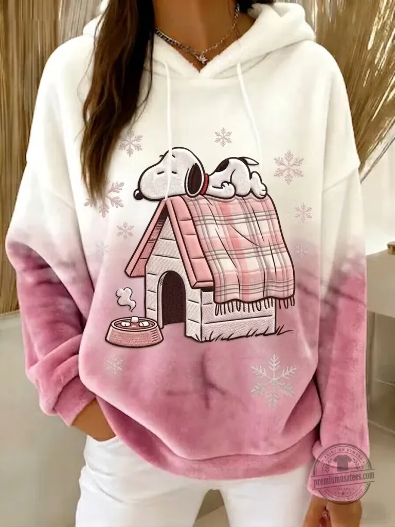 Snoopy Sleeping on Doghouse Winter Snowflakes Pink Ombre Hoodie