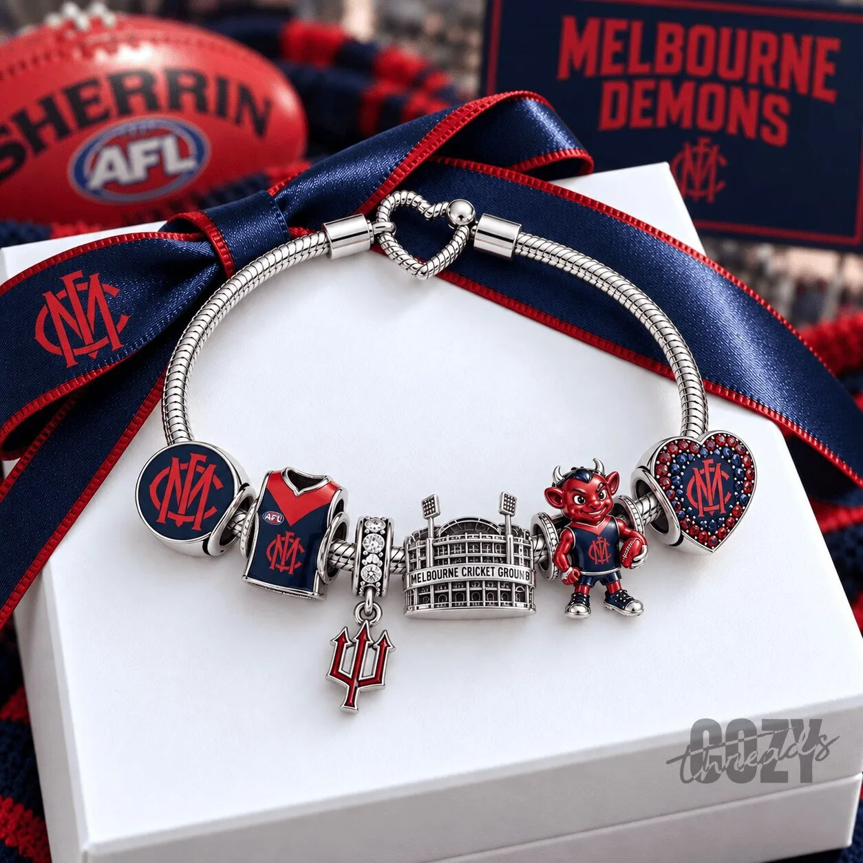 Melbourne Demons Football Club Charm Bracelet Set with Heart Clasp