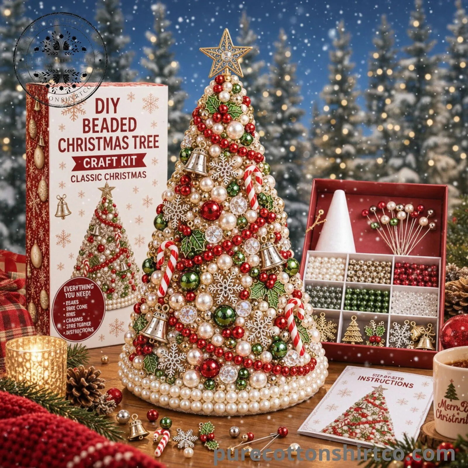 DIY Beaded Christmas Tree Craft Kit - Classic Christmas Holiday Decor Set