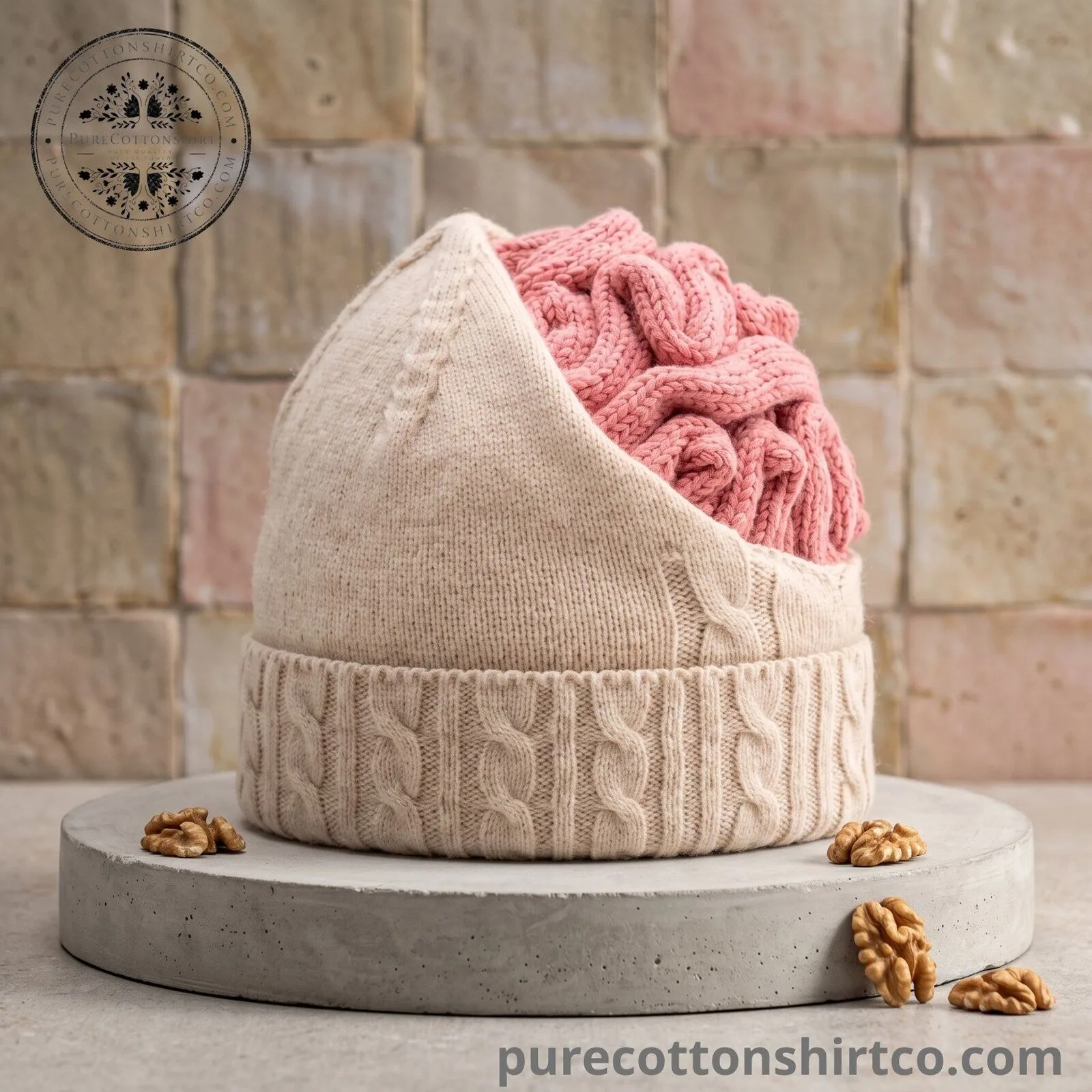 Human Brain Knit Beanie Hat - Funny Walnut Exposed Brain Cable Knit Cap