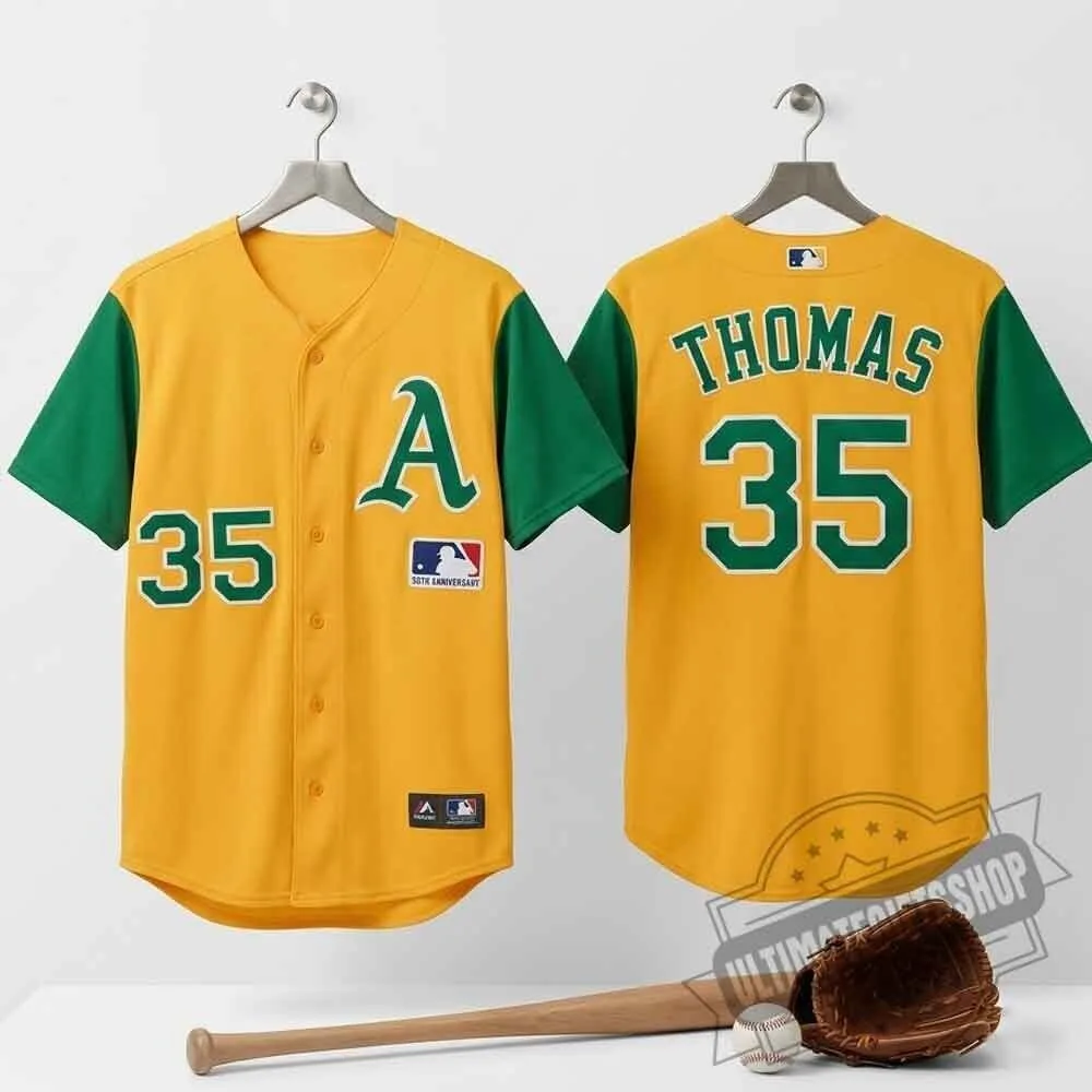 Oakland Athletics Frank Thomas #35 Gold Green Cooperstown Baseball Jersey