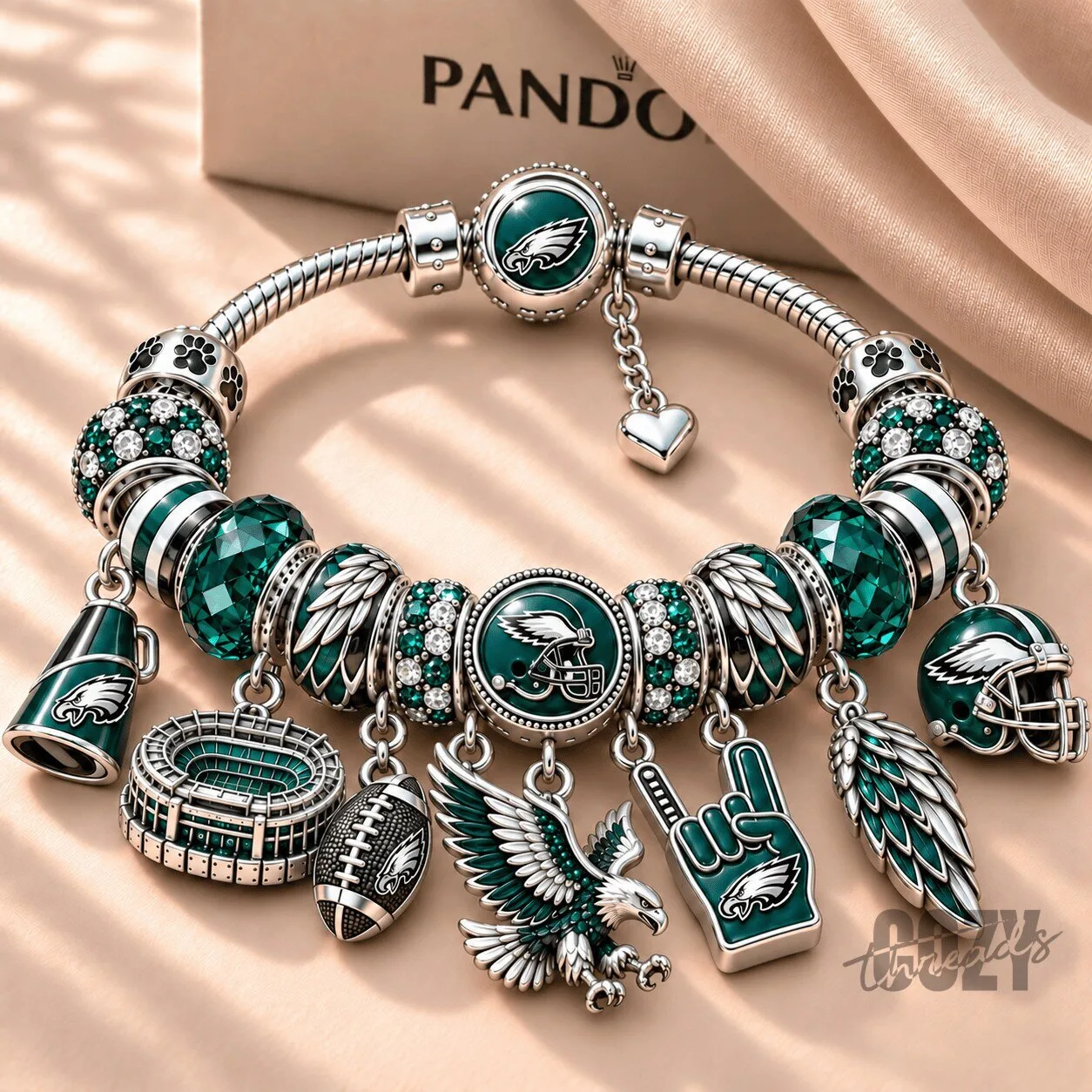 Philadelphia Eagles Football Charm Bracelet with Green and Silver Beads