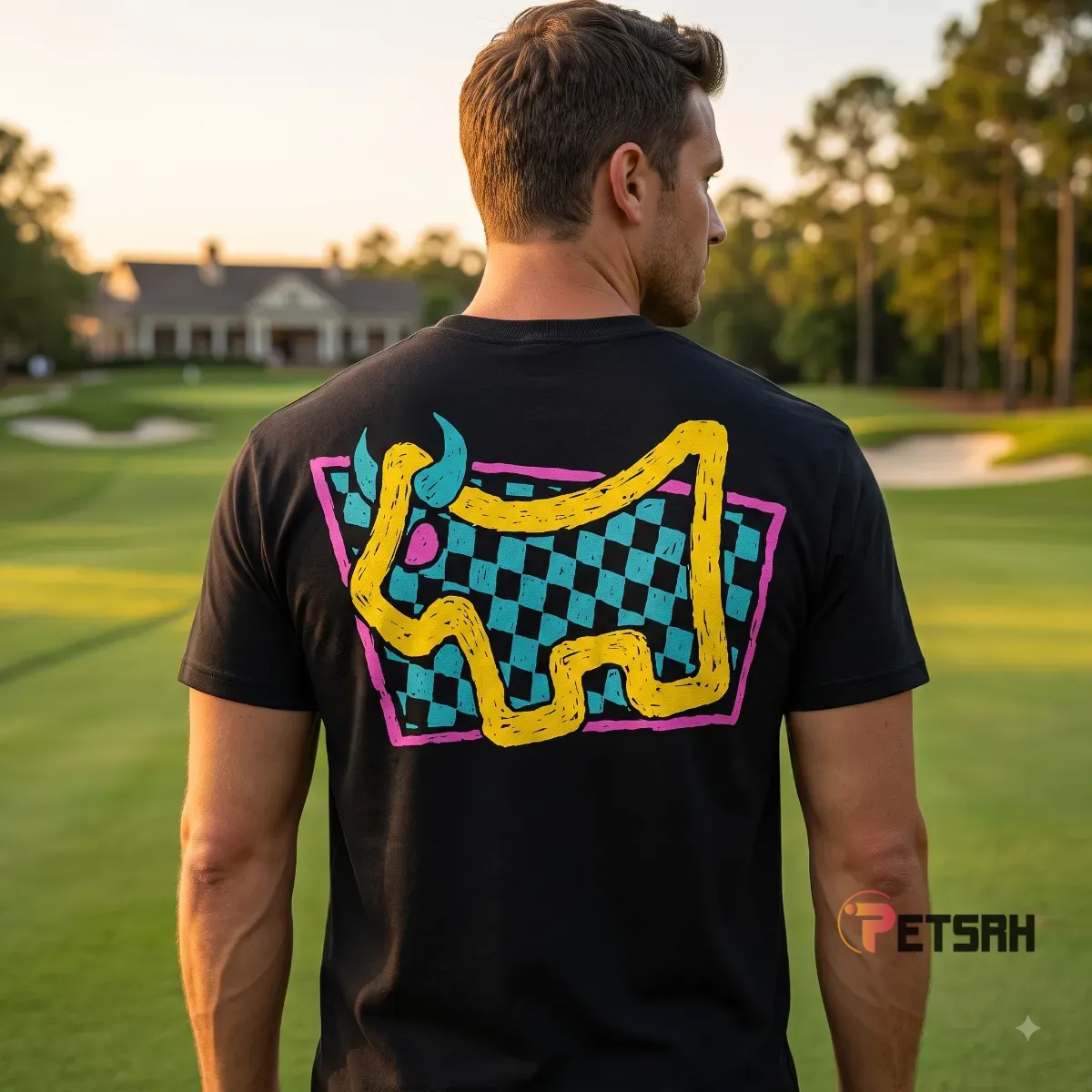 Scotty Cameron 2026 Dog Days Check Bulldog T-Shirt 5 Front view of the black Scotty Cameron Dog Days Check Bulldog T-Shirt featuring a small chest text logo in yellow, pink, and blue.