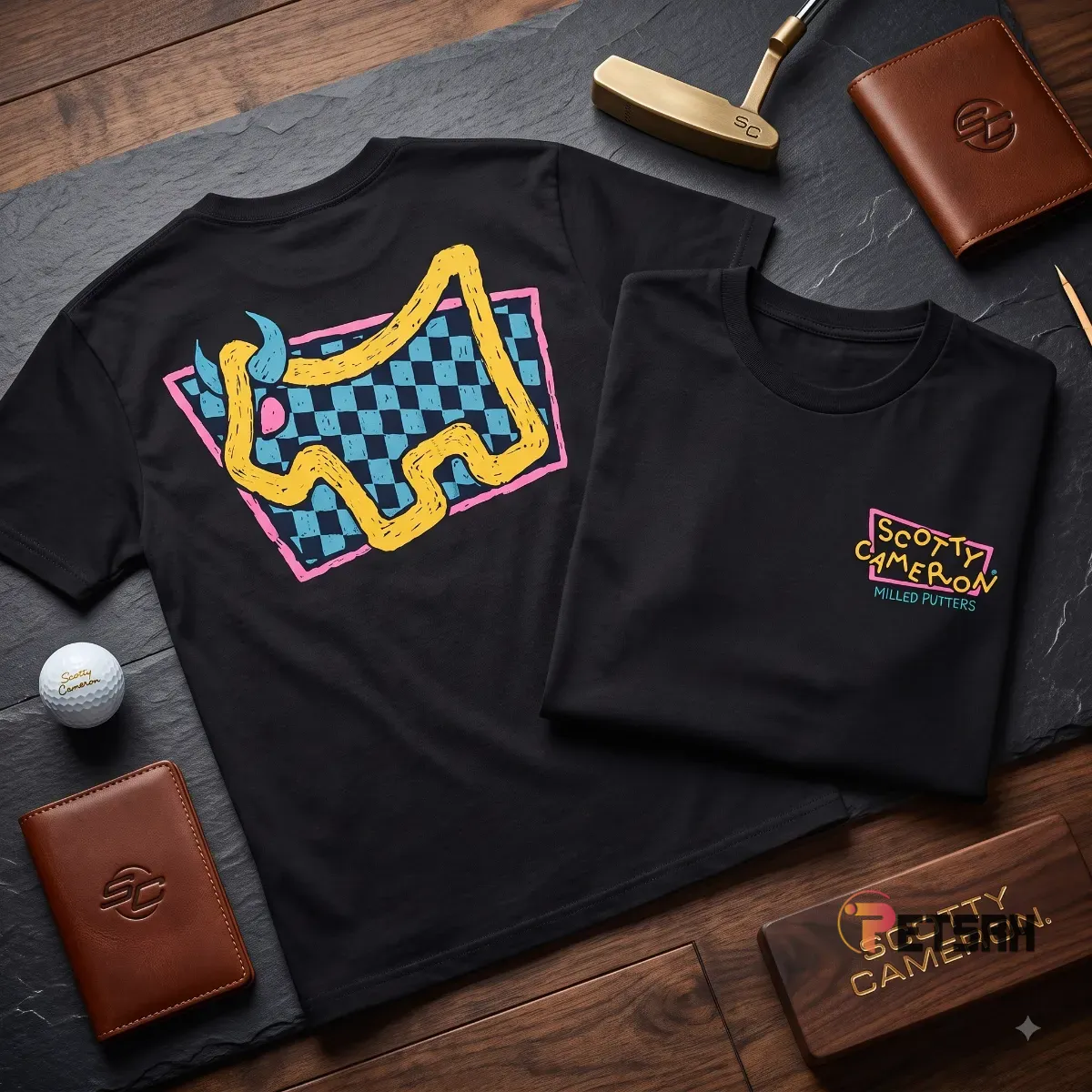Scotty Cameron 2026 Dog Days Check Bulldog T-Shirt 4 Rear view of the black Scotty Cameron Dog Days Check Bulldog T-Shirt displaying a large stylized yellow bulldog over a blue and black checkered backdrop framed in pink. (Detail view #3)