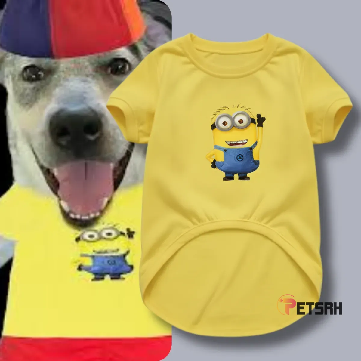Yellow Minion graphic pet t-shirt with custom name and number option for dogs.