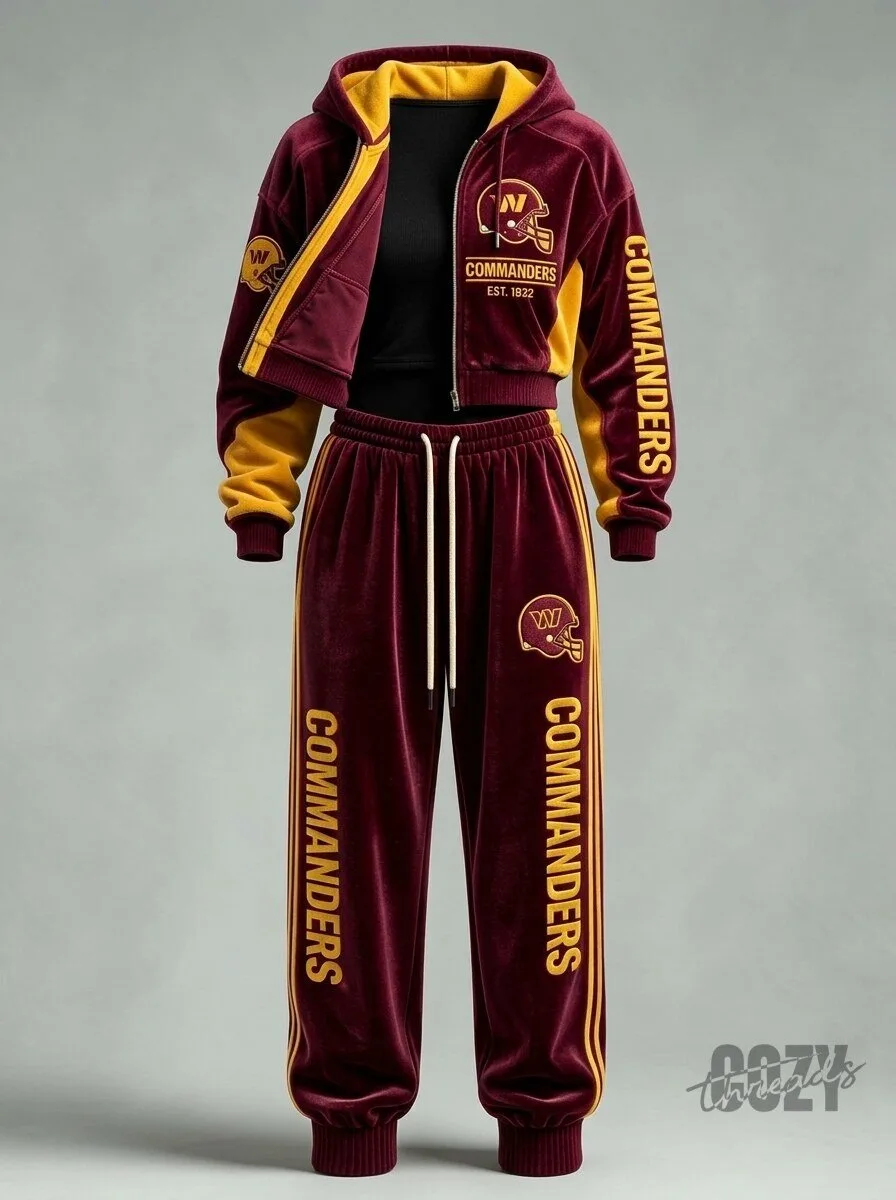 Washington Commanders Velvet Tracksuit Set with Hooded Zip-Up Jacket and Joggers