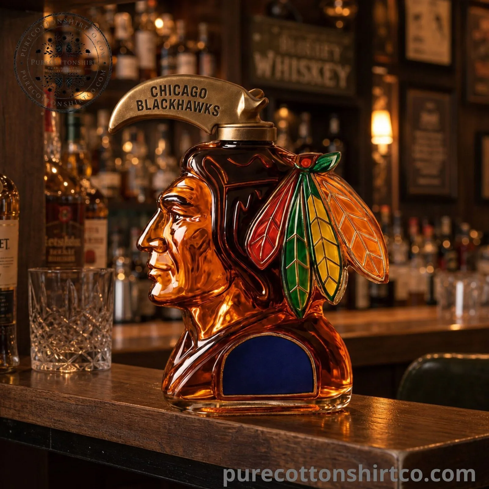 Chicago Blackhawks Glass Decanter - Native Chief Head Whiskey Bottle Barware