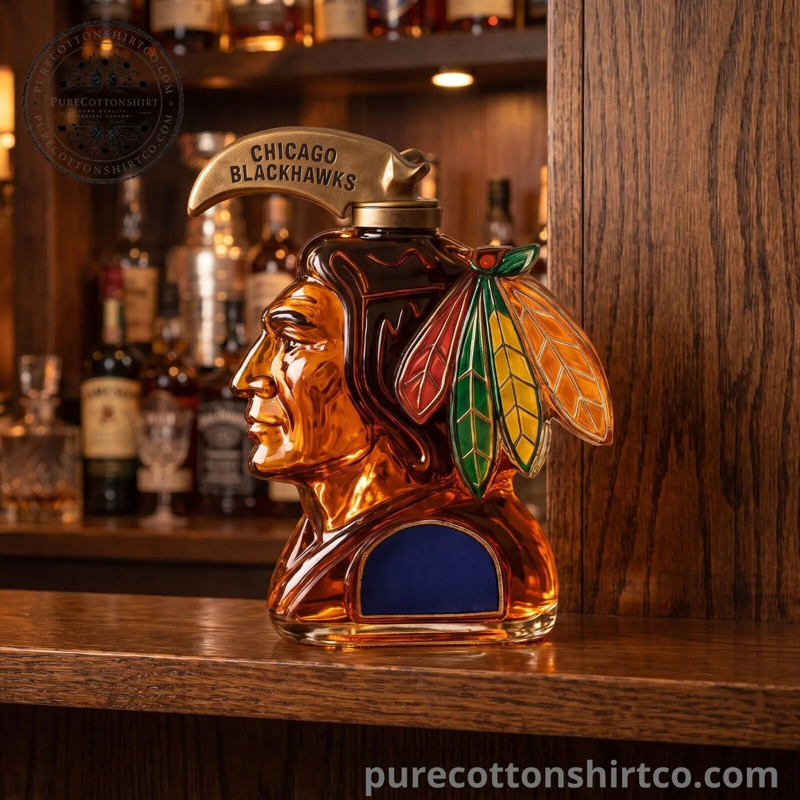 Chicago Blackhawks Glass Decanter - Native Chief Head Whiskey Bottle Barware 4 Chicago Blackhawks Glass Decanter - Native Chief Head Whiskey Bottle Barware