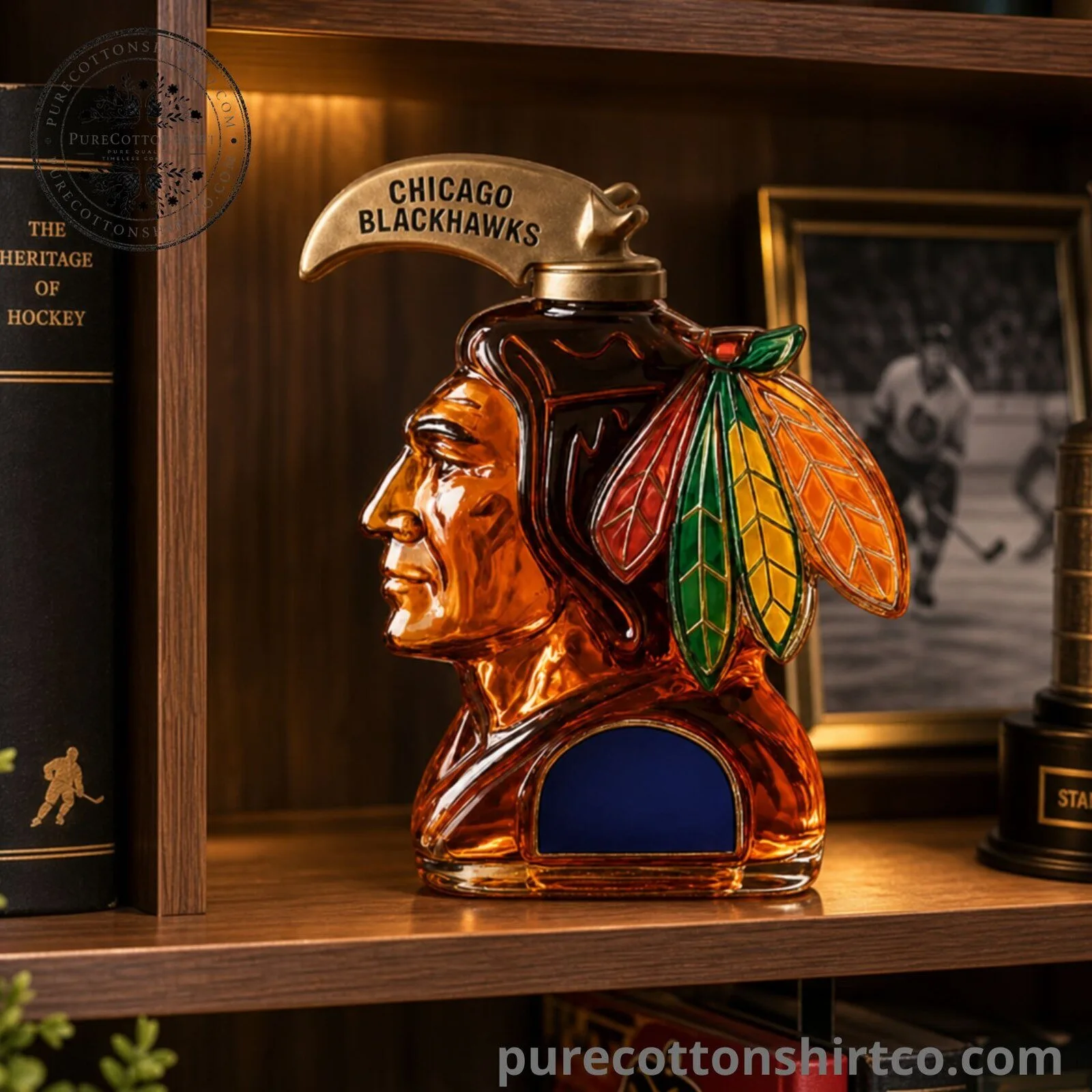 Chicago Blackhawks Glass Decanter - Native Chief Head Whiskey Bottle Barware 5 Chicago Blackhawks Glass Decanter - Native Chief Head Whiskey Bottle Barware