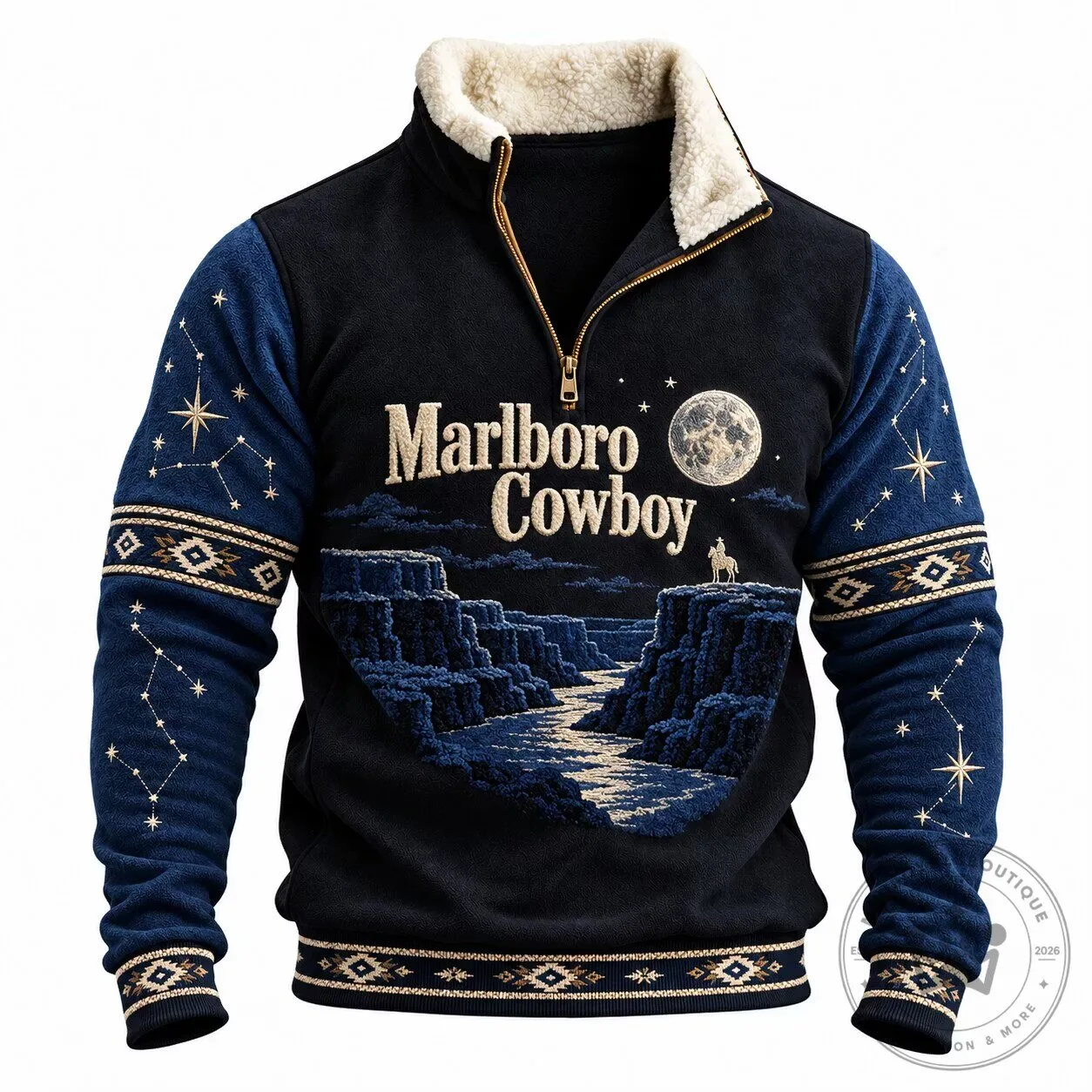 Marlboro Cowboy Western Style Half-Zip Faux Fur Trim Sweatshirt