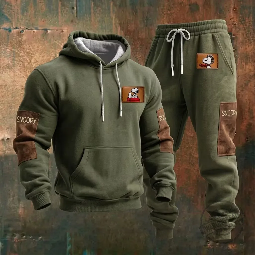 Snoopy Peanuts Cartoon Character Olive Green Hoodie and Sweatpants Set