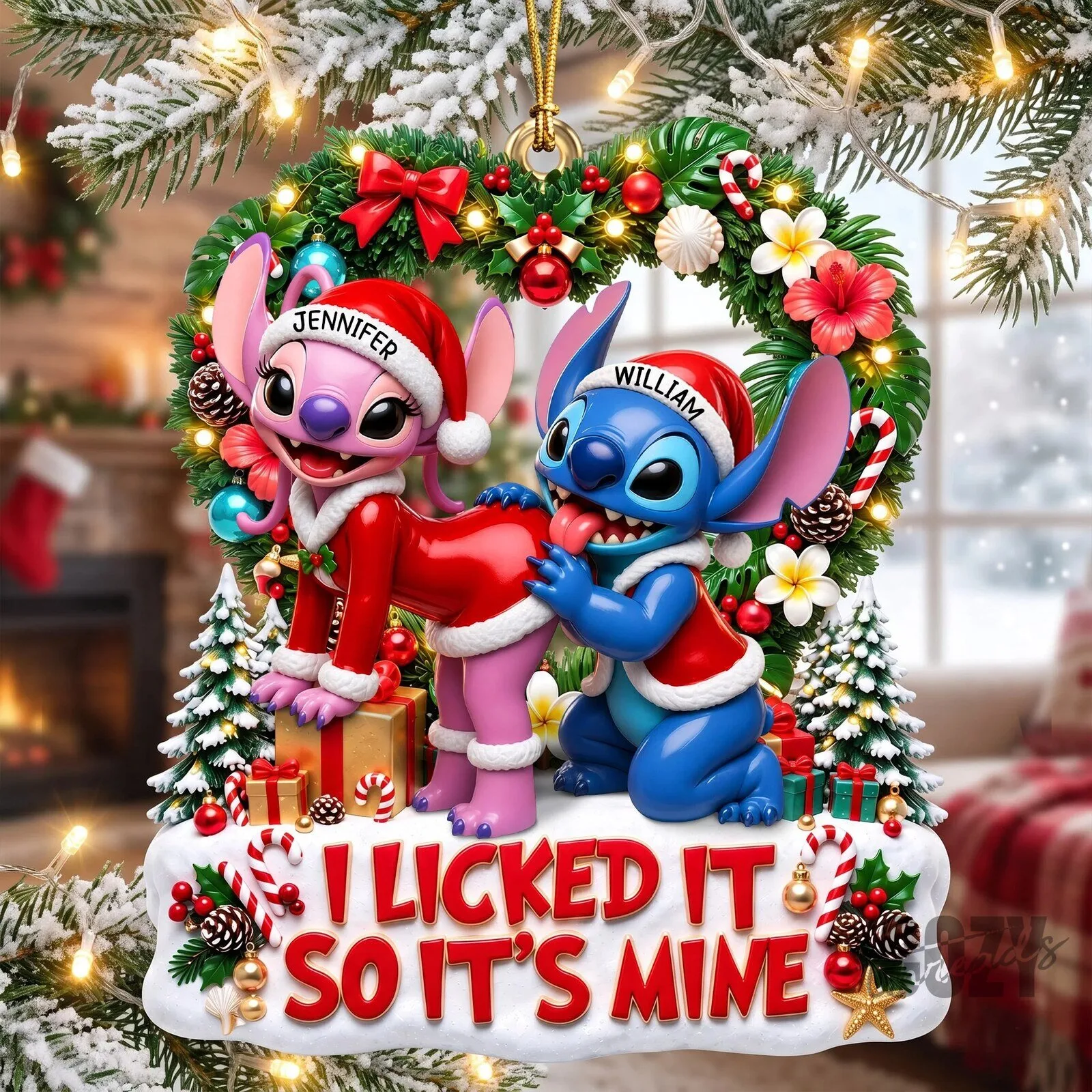 Lilo and Stitch Christmas Wreath Ornament with Personalized Names