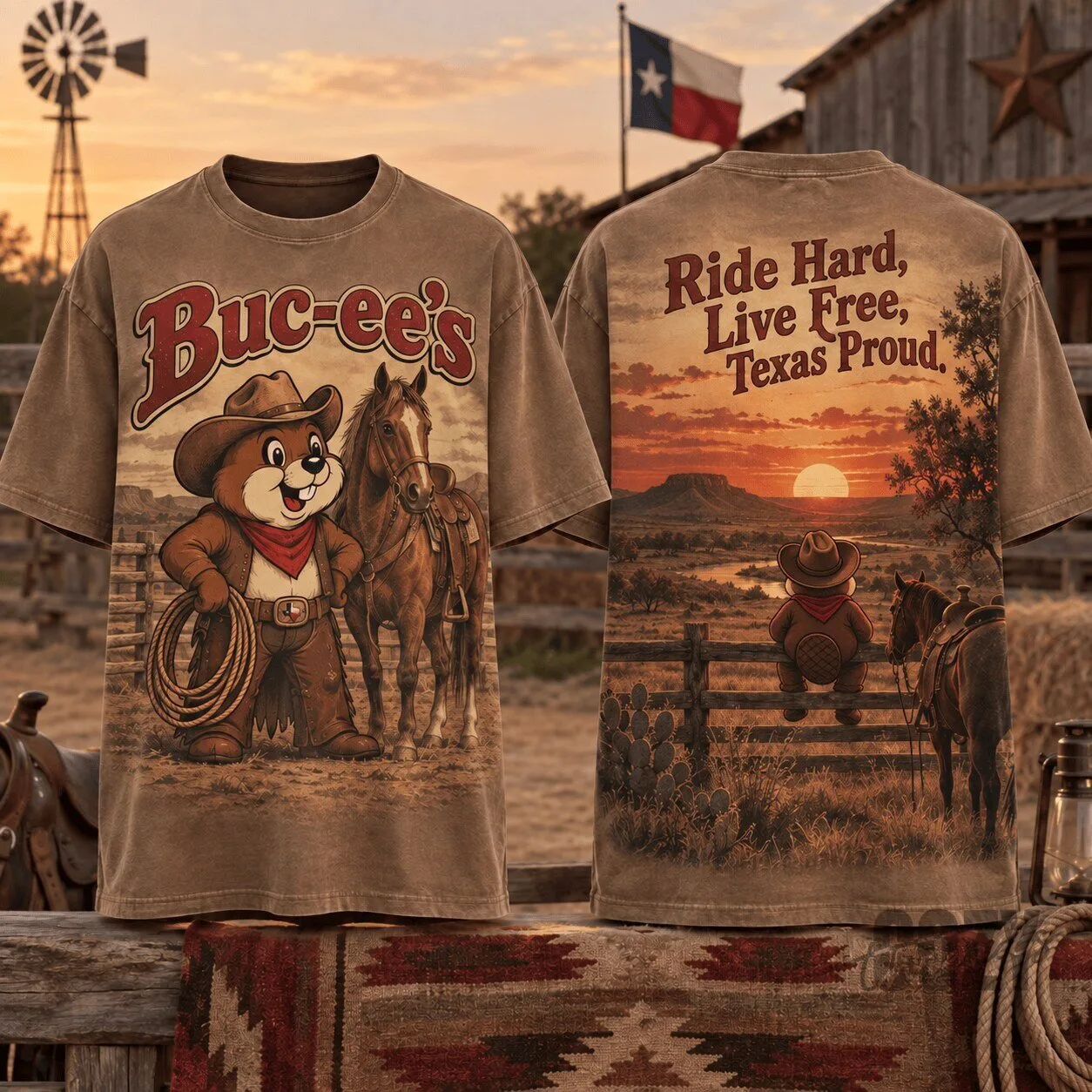 Buc-ee's Cowboy Beaver Western Sunset Texas Proud T-Shirt