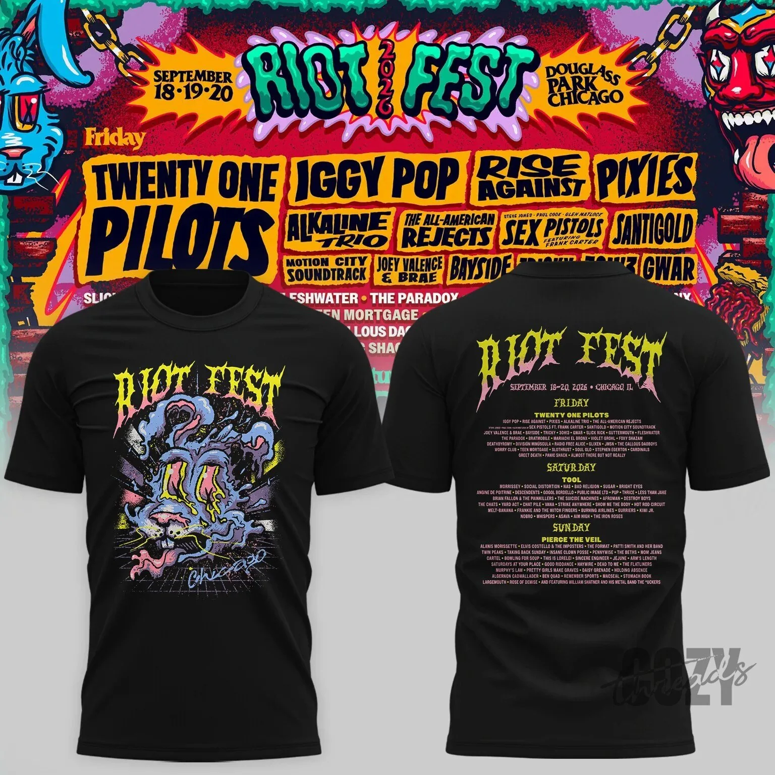 Riot Fest 2026 Chicago Music Festival Lineup Two Sided Black T-Shirt