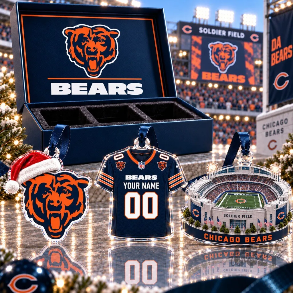 Chicago Bears NFL Football Team Soldier Field Stadium Acrylic Christmas Ornament Set Chicago Bears NFL Football Team Soldier Field Stadium Acrylic Christmas Ornament Set