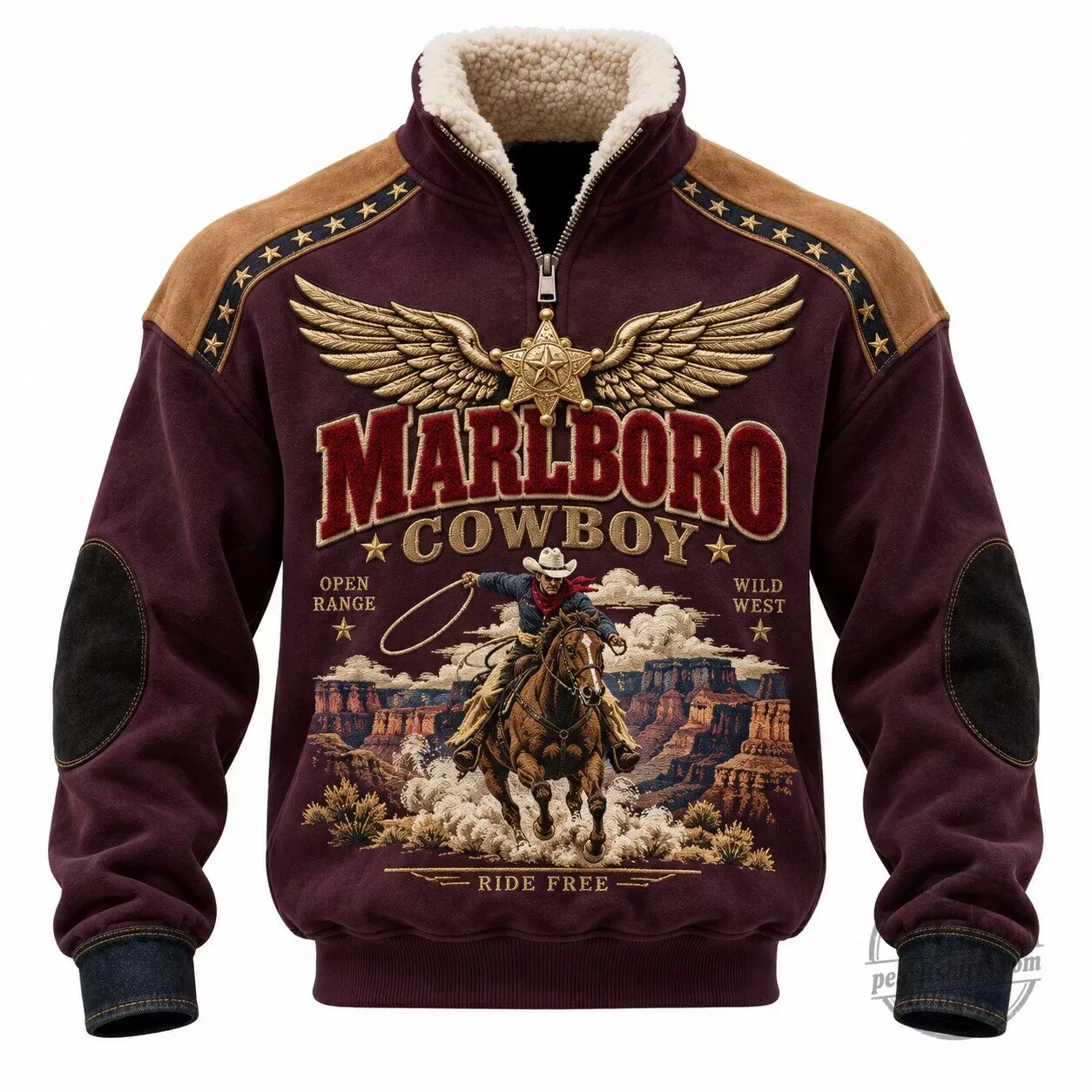 Marlboro Cowboy Western Style Half-Zip Faux Fur Trim Jacket
