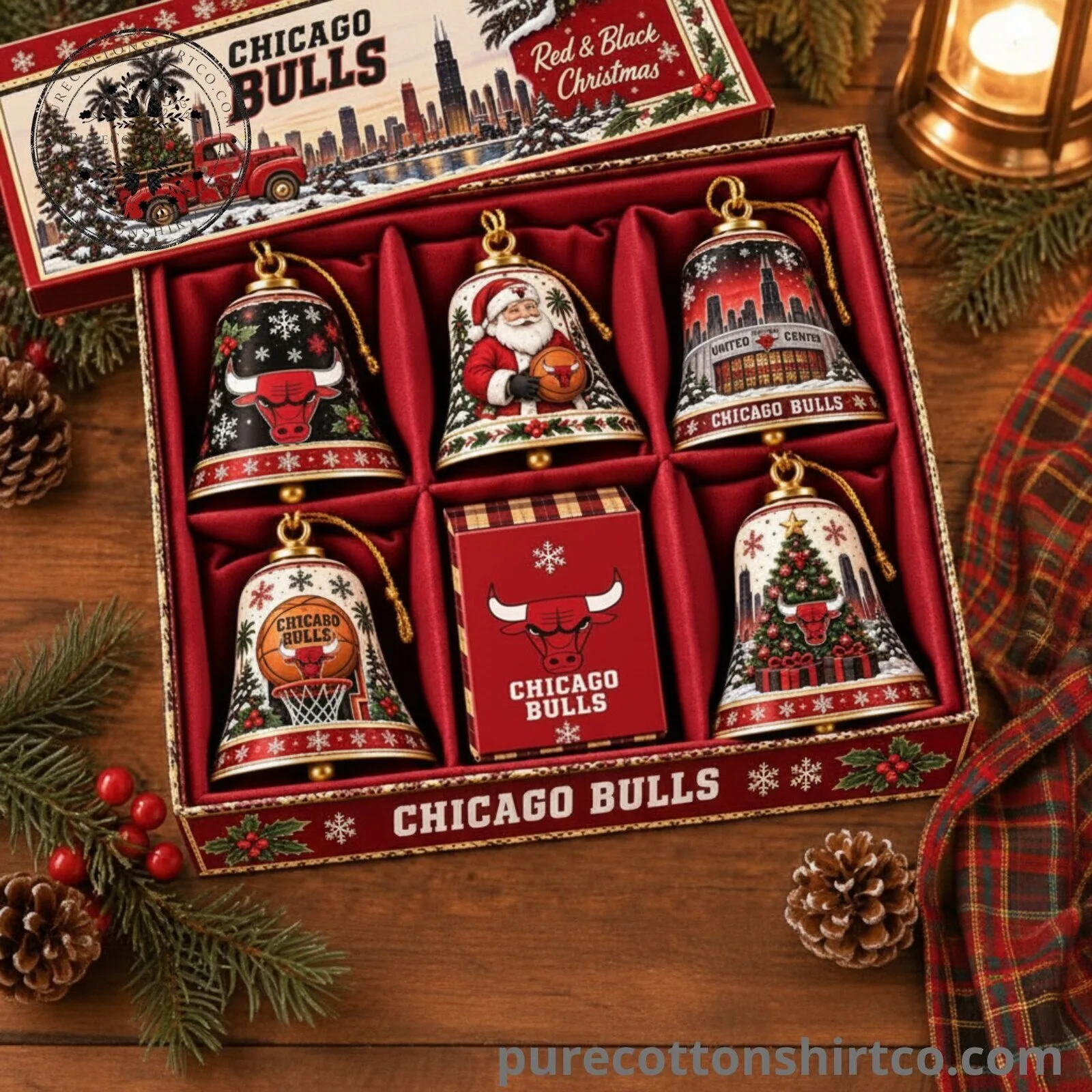 Chicago Bulls Christmas Set 5 Acrylic Ornament - 2D Flat Acrylic Bell Tree Decor Box