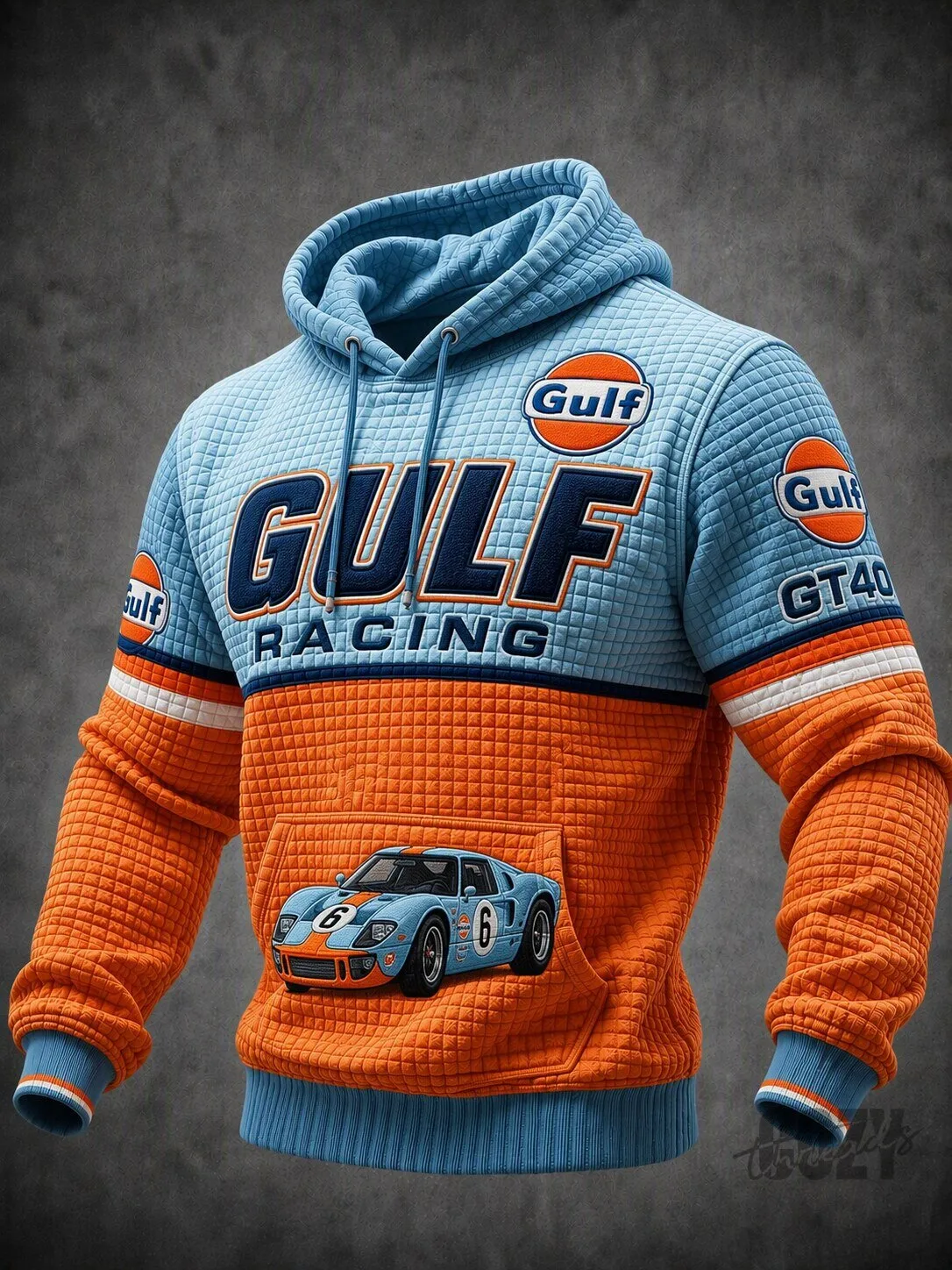 Gulf Racing GT40 Vintage Quilted Hoodie, Retro Motorsport Pullover Sweatshirt