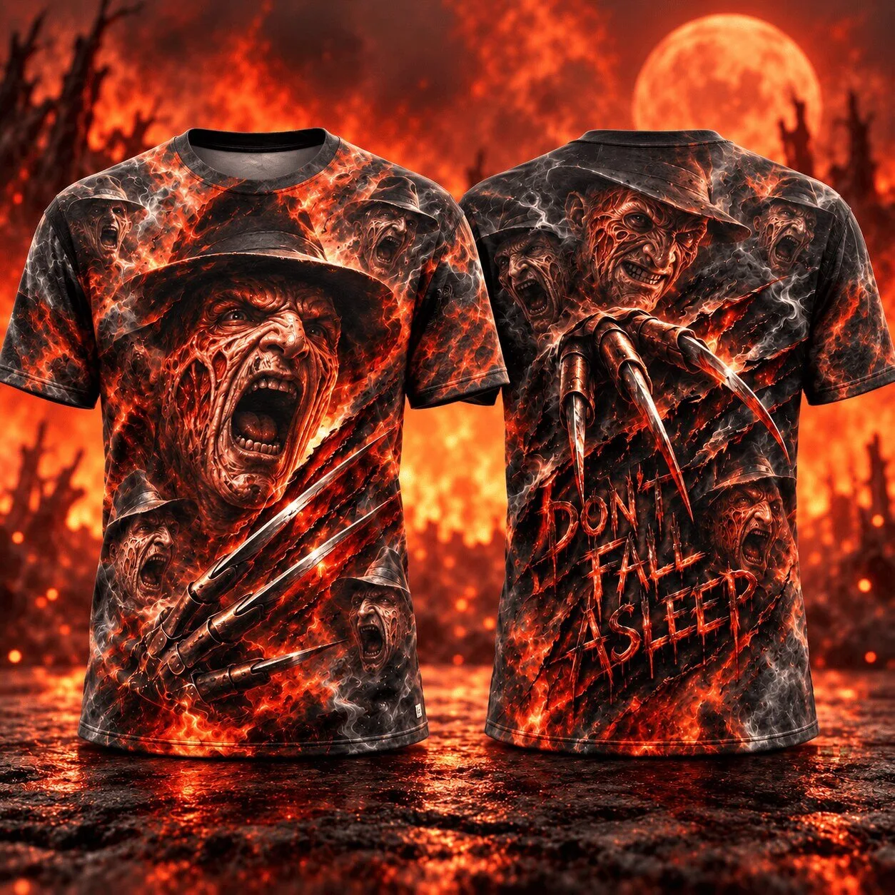 Freddy Krueger Fiery Nightmare Horror Movie Character Graphic T-Shirt