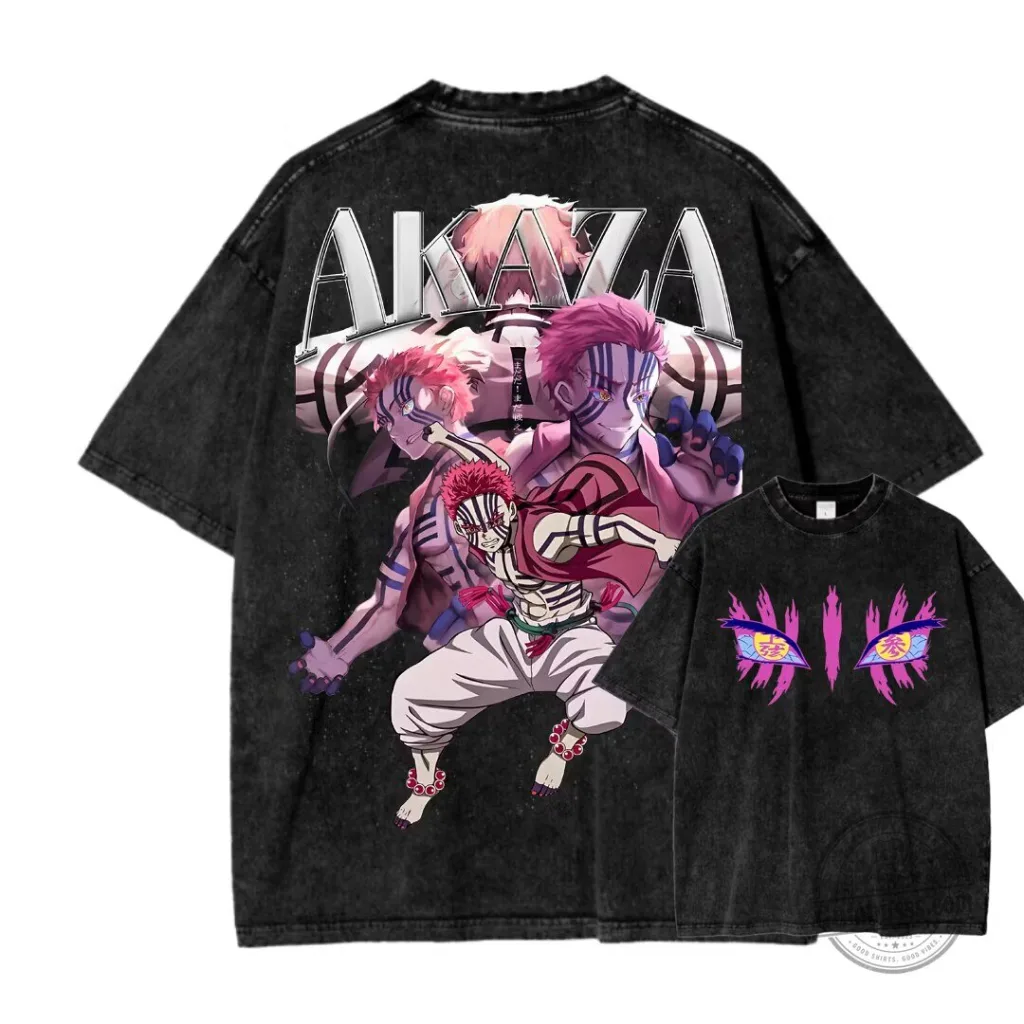Demon Slayer Akaza Washed T-Shirt, Anime Manga Character Graphic Tee