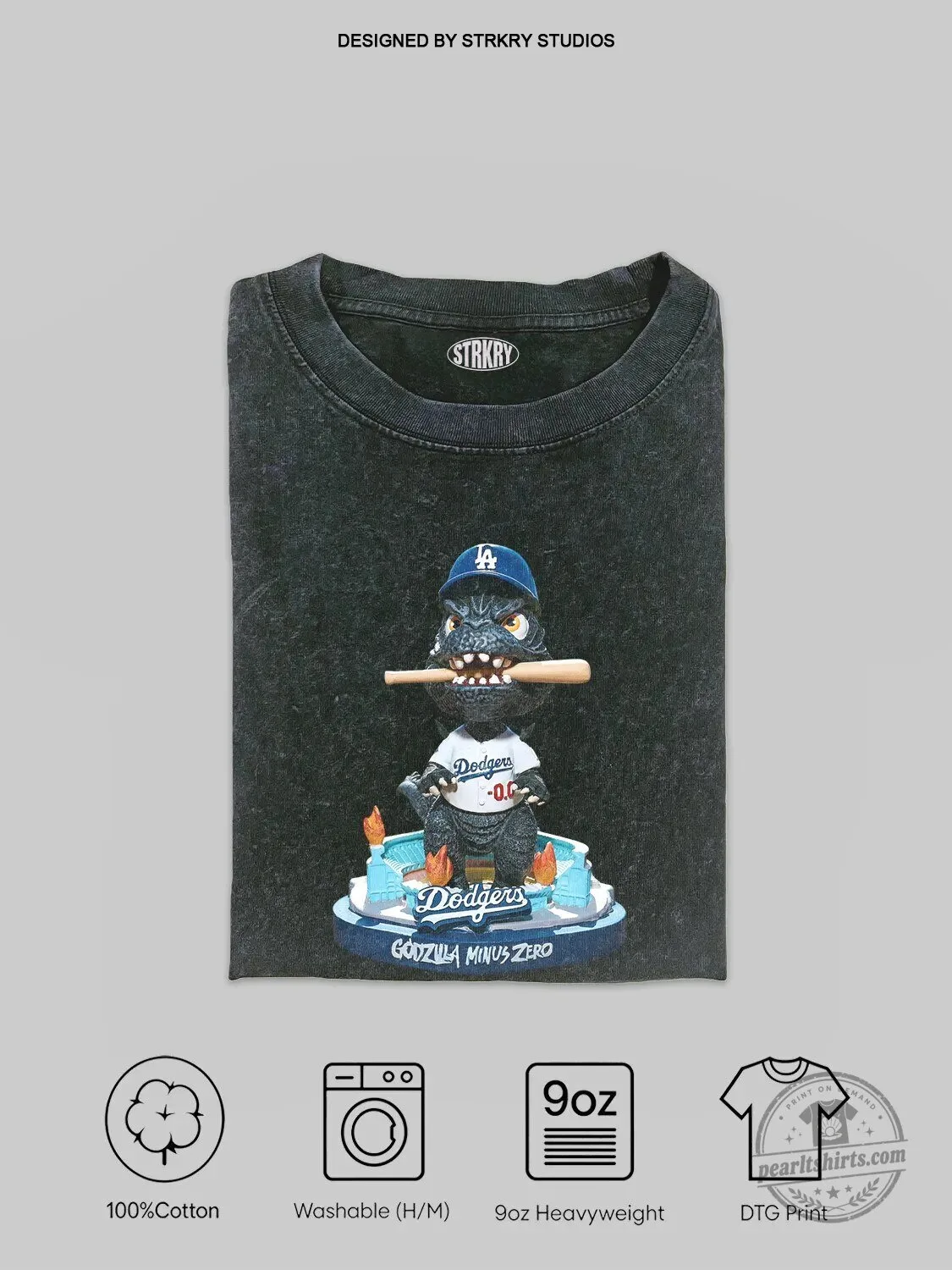 Los Angeles Dodgers Godzilla Minus Zero Baseball Team Black T-Shirt