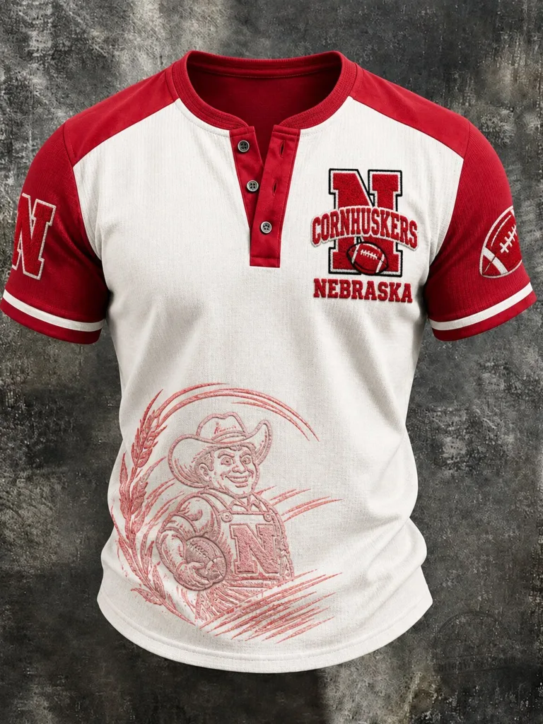 Nebraska Cornhuskers Football Team Graphic Print Henley Shirt for Men