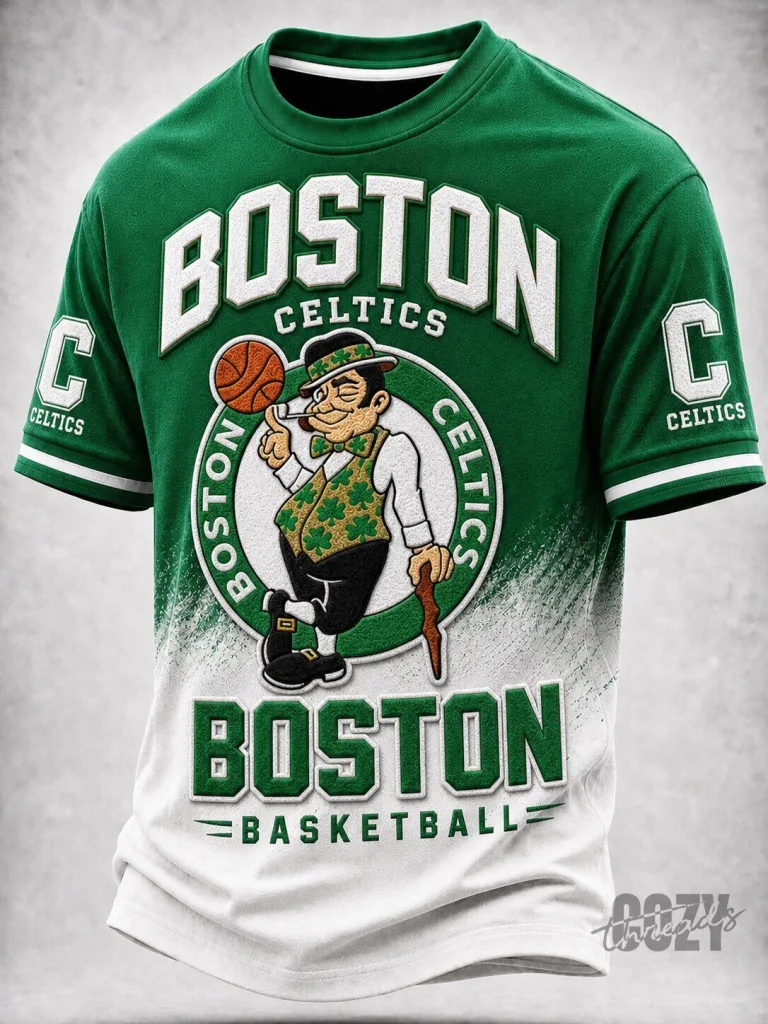 Boston Celtics Basketball Lucky Leprechaun Mascot Green and White T-Shirt