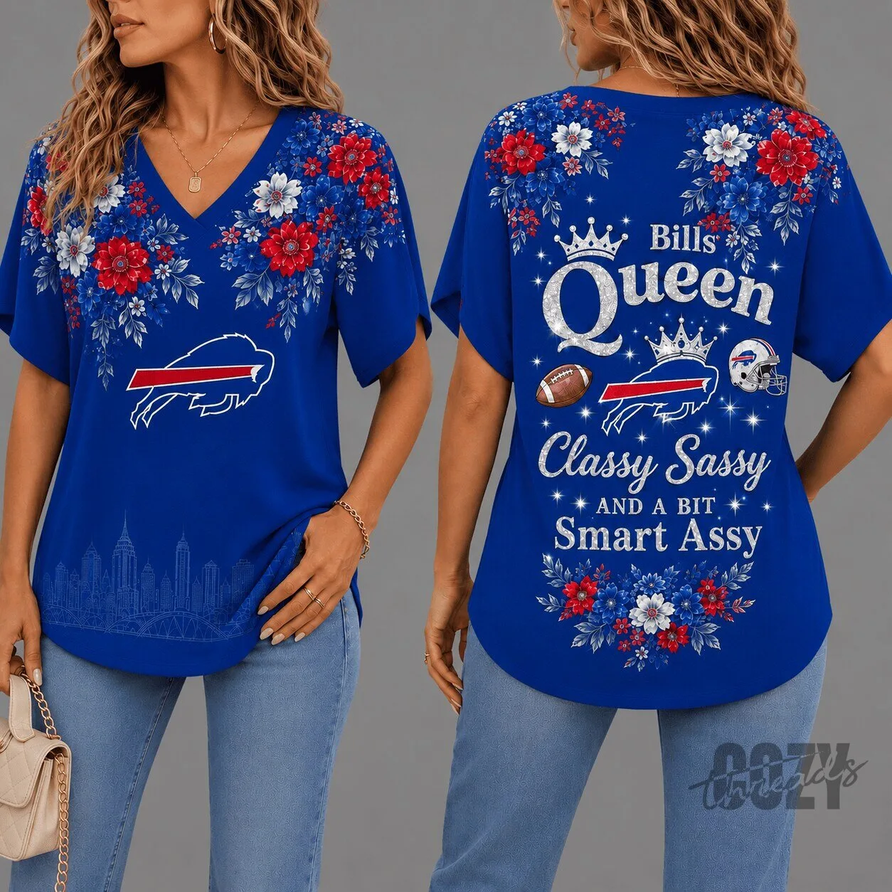 Buffalo Bills Shirt for Women, Queen Classy Sassy Smart Assy Floral V-Neck T-Shirt