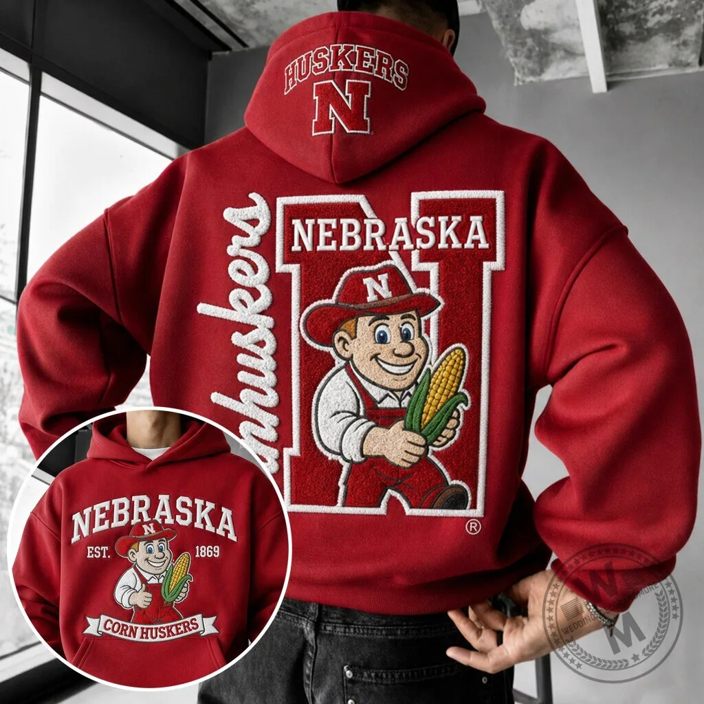Nebraska Cornhuskers Mascot Red Embroidered College Football Hoodie