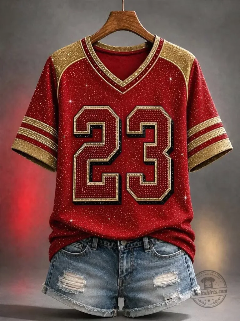 San Francisco Football Rhinestone Number 23 Red and Gold V-Neck Jersey