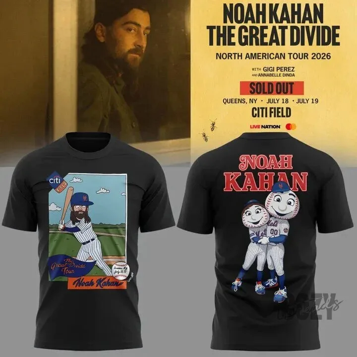 Black T-Shirt for Noah Kahan's The Great Divide Tour 2026 featuring New York Mets