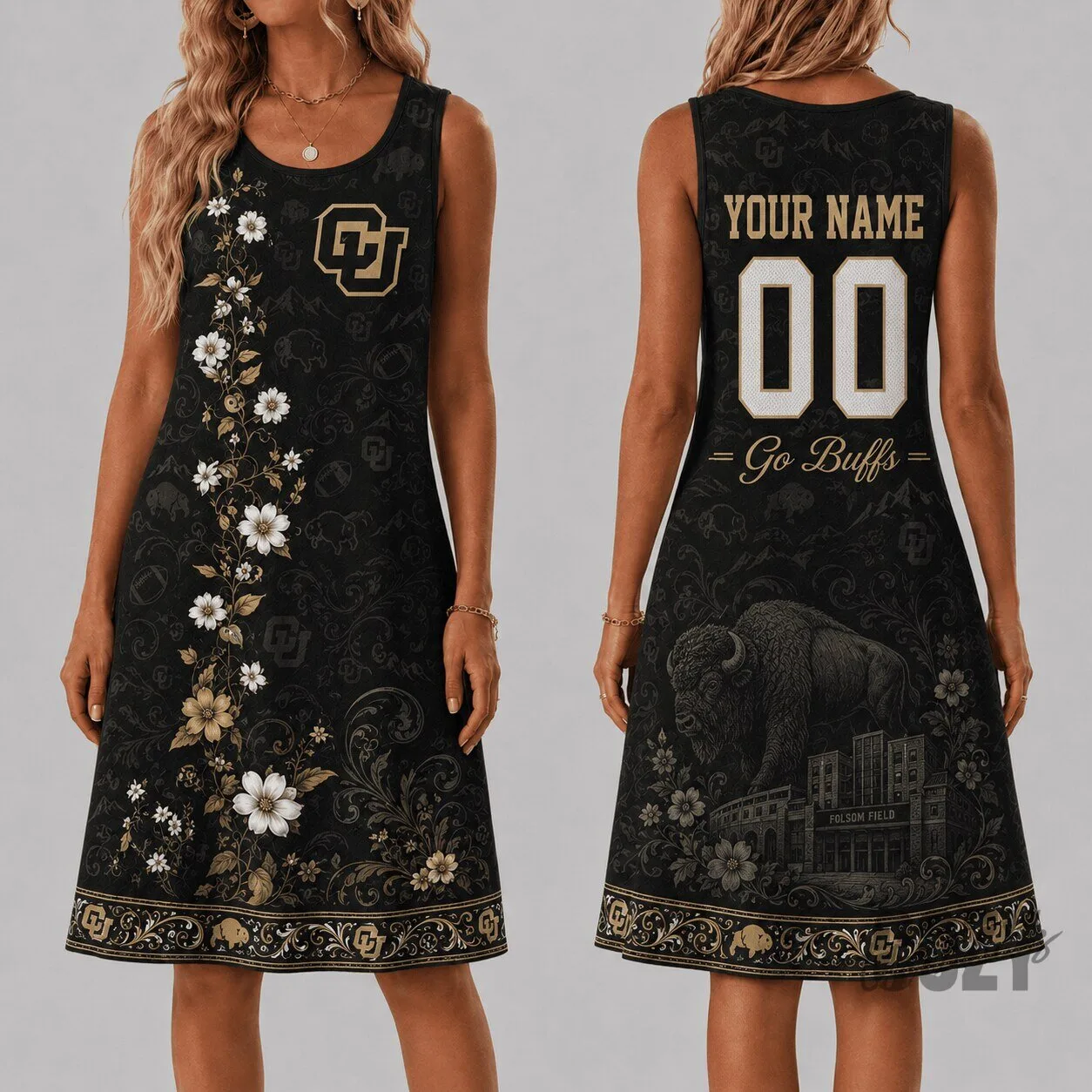 Colorado Buffaloes Floral Pattern Personalized Name and Number Sleeveless Dress