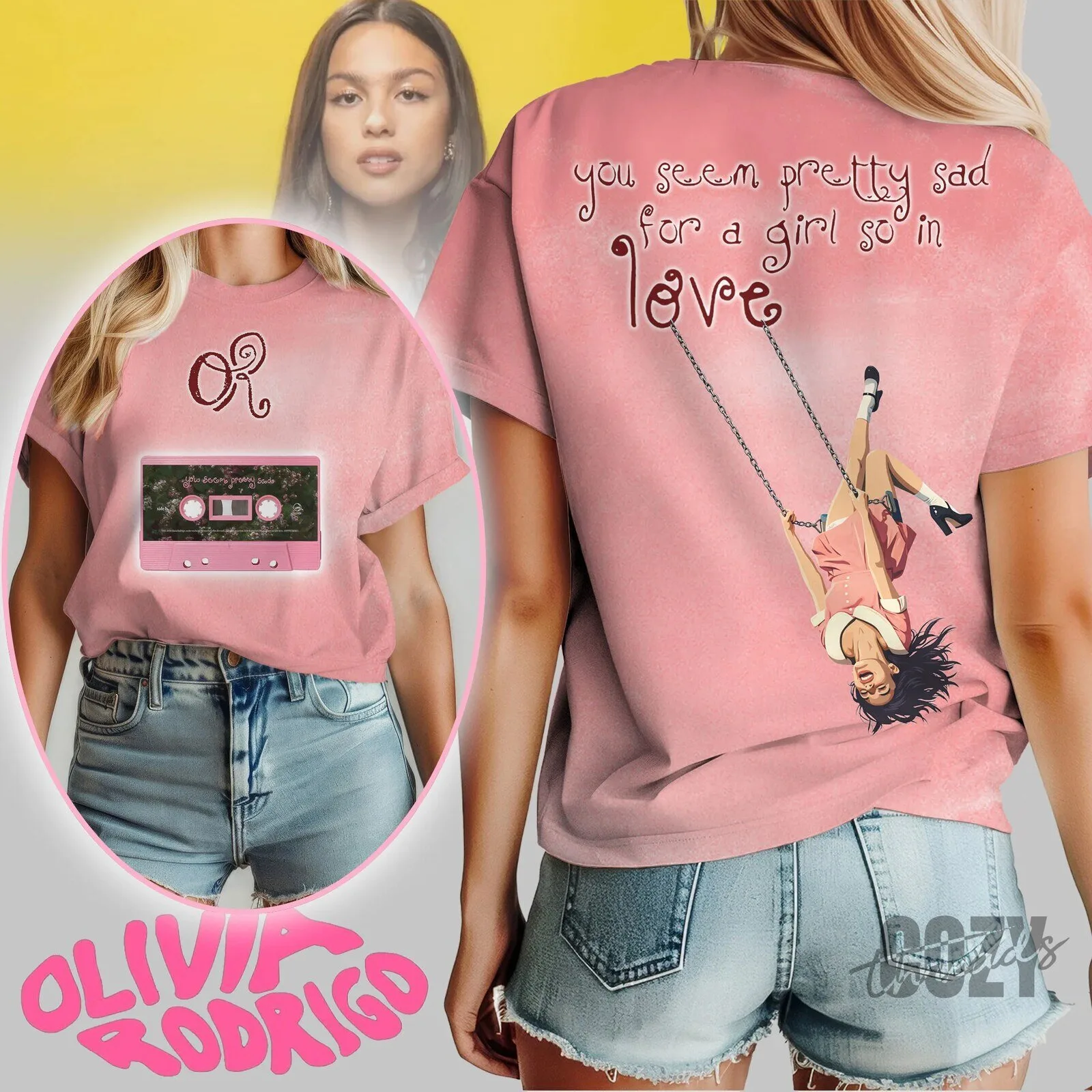 Olivia Rodrigo Shirt Pink Cassette and Swing Graphic T-Shirt 1 Olivia Rodrigo Shirt Pink Cassette and Swing Graphic T-Shirt