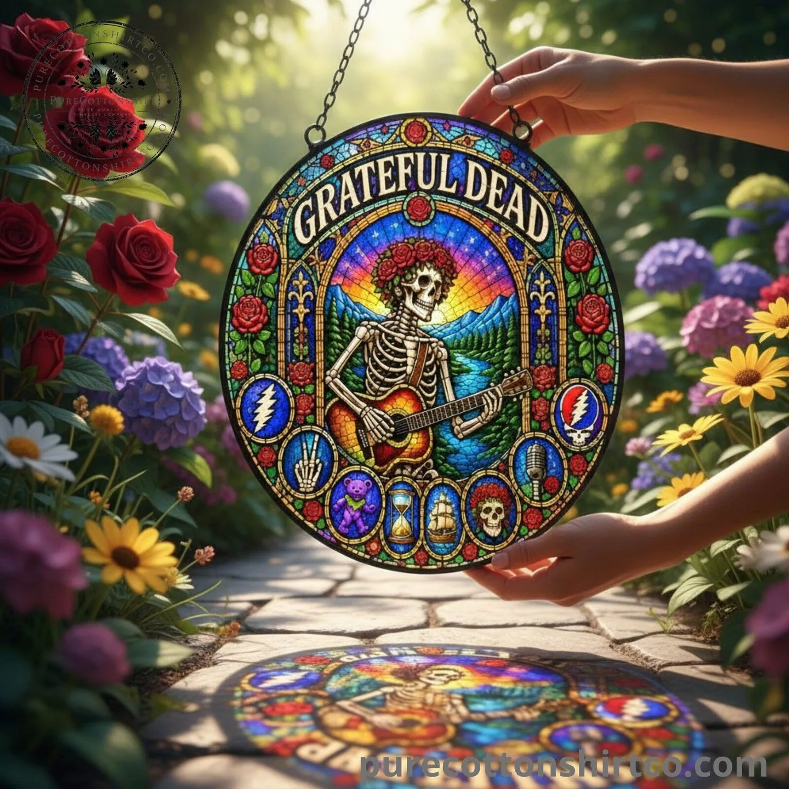 Grateful Dead Skull & Roses Stained Glass Suncatcher - Guitar Skeleton Window Hanging Decor