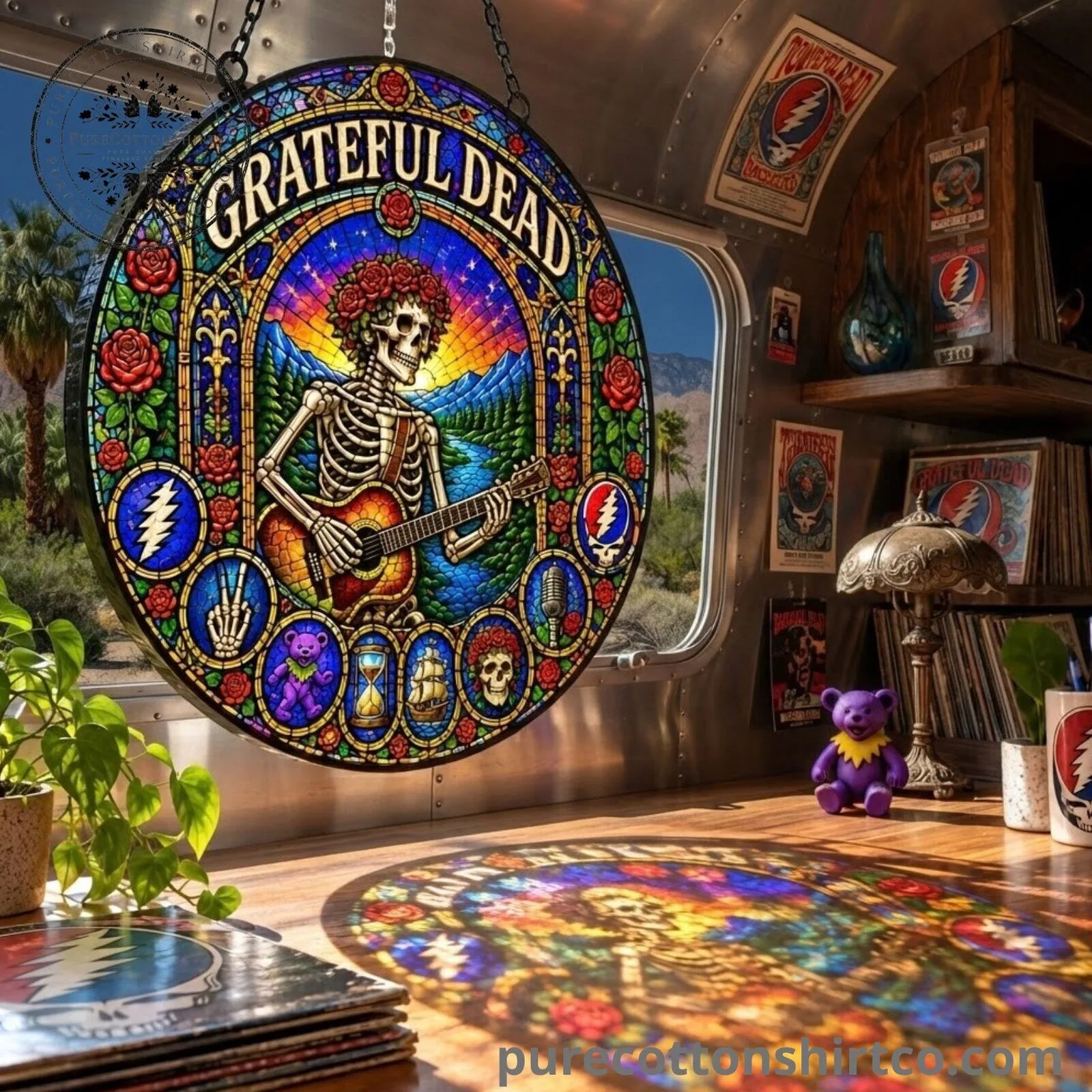 Grateful Dead Skull & Roses Stained Glass Suncatcher - Guitar Skeleton Window Hanging Decor 4 Grateful Dead Skull & Roses Stained Glass Suncatcher - Guitar Skeleton Window Hanging Decor