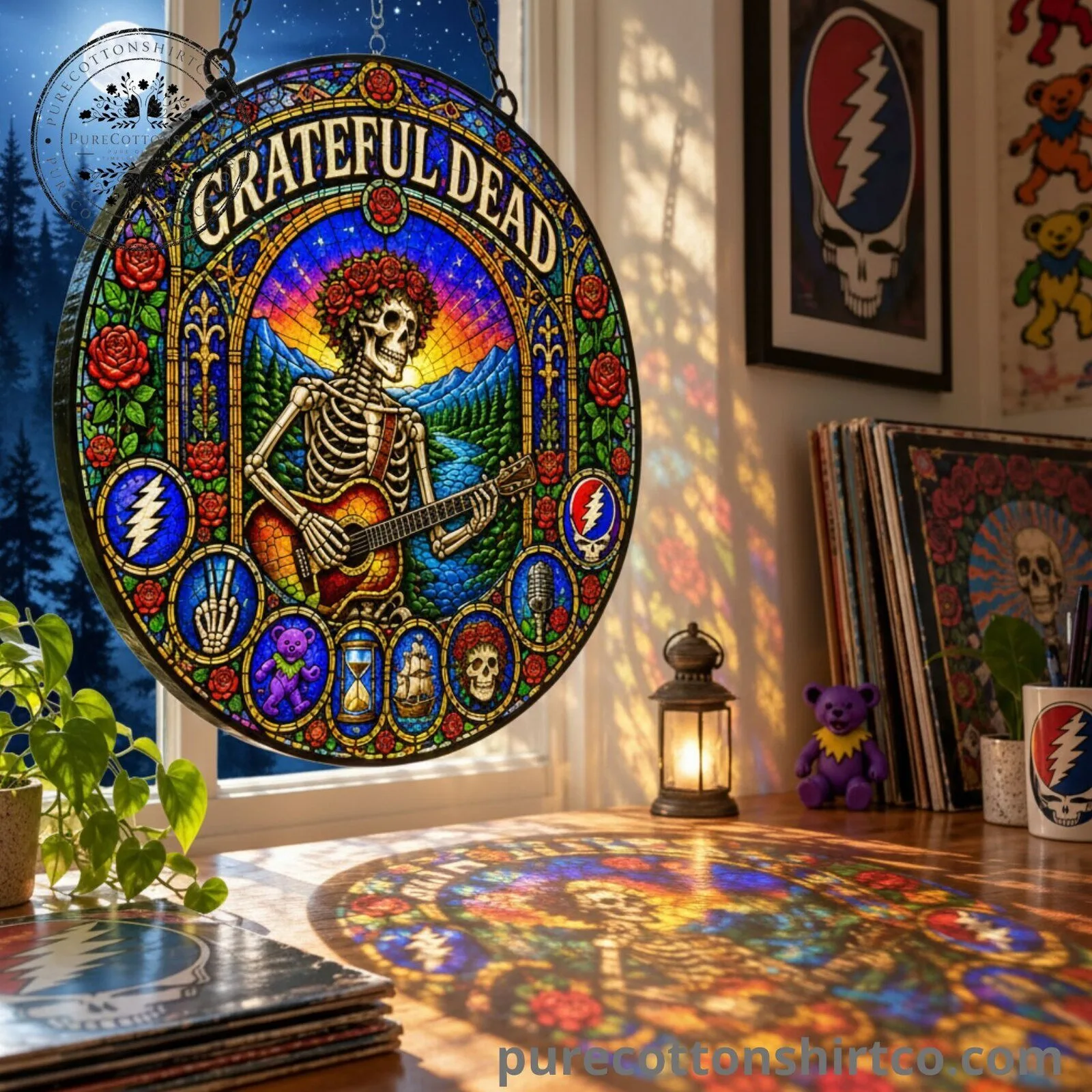 Grateful Dead Skull & Roses Stained Glass Suncatcher - Guitar Skeleton Window Hanging Decor 5 Grateful Dead Skull & Roses Stained Glass Suncatcher - Guitar Skeleton Window Hanging Decor
