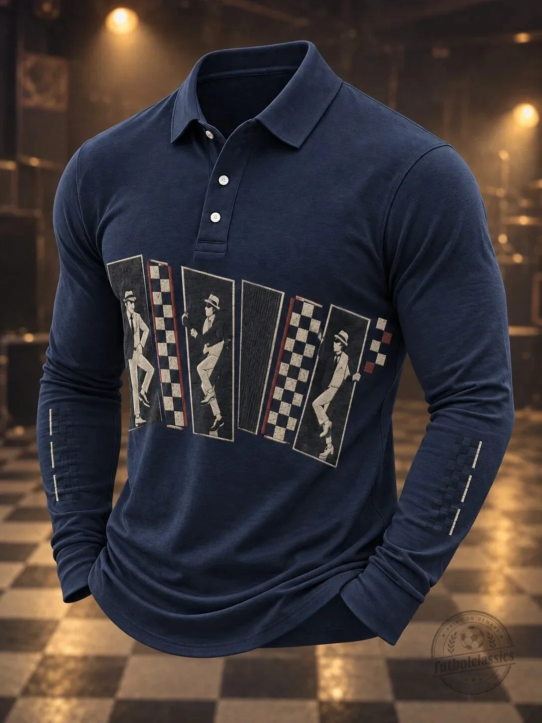 Checkered Polo Shirt with Long Sleeves in Ska Revival Style