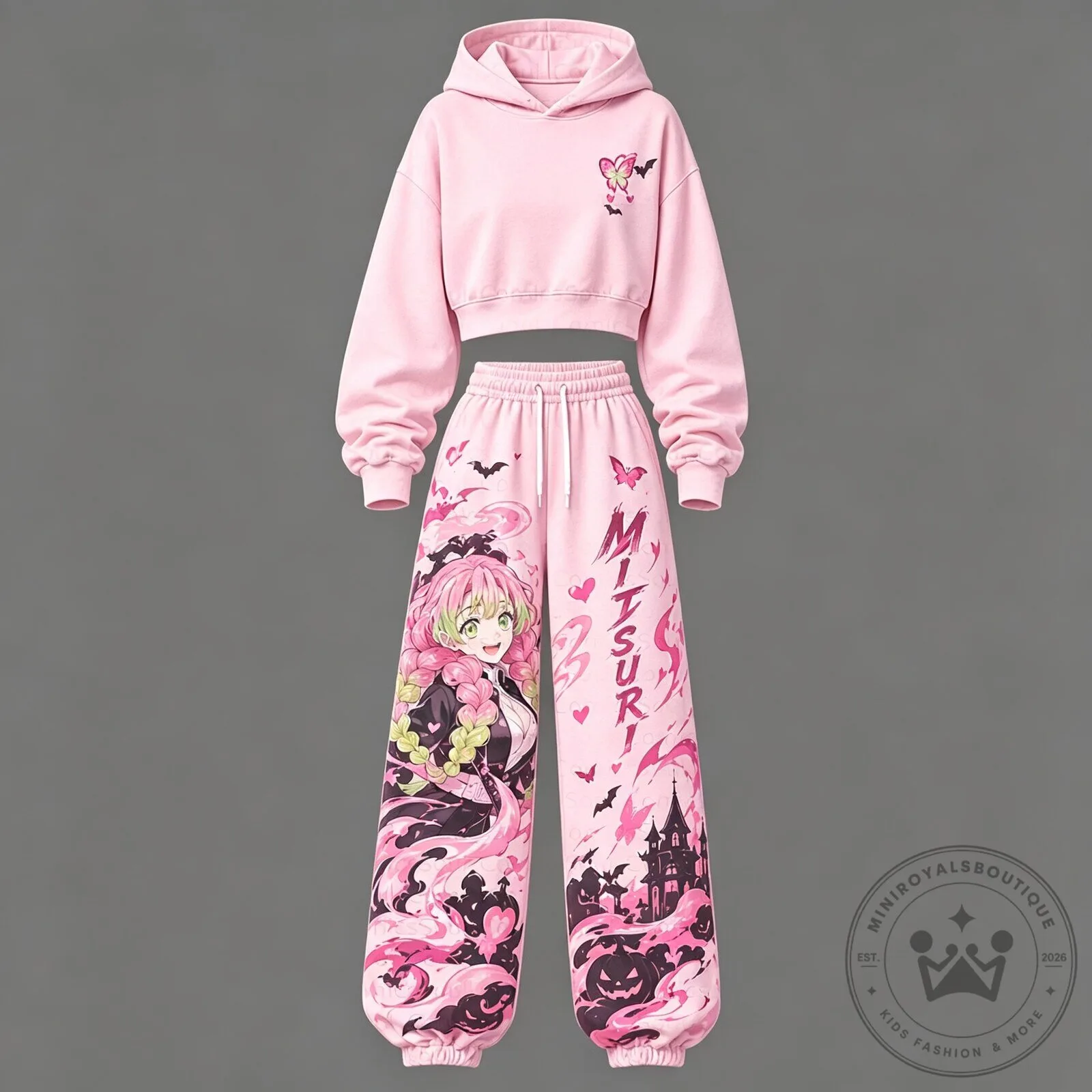 Demon Slayer Mitsuri Kanroji Anime Character Pink Cropped Hoodie and Jogger Pants Set