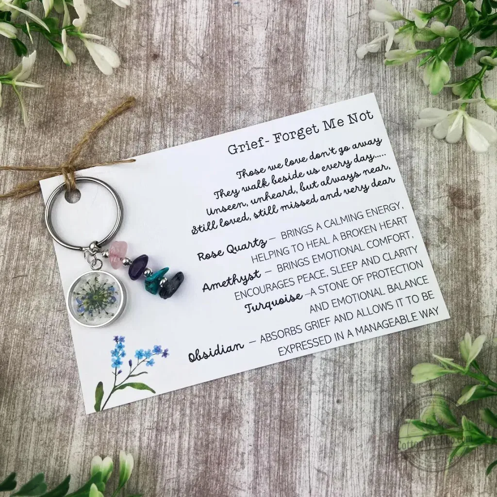 Forget Me Not Grief Healing Crystal Keychain with Rose Quartz Amethyst Turquoise Obsidian